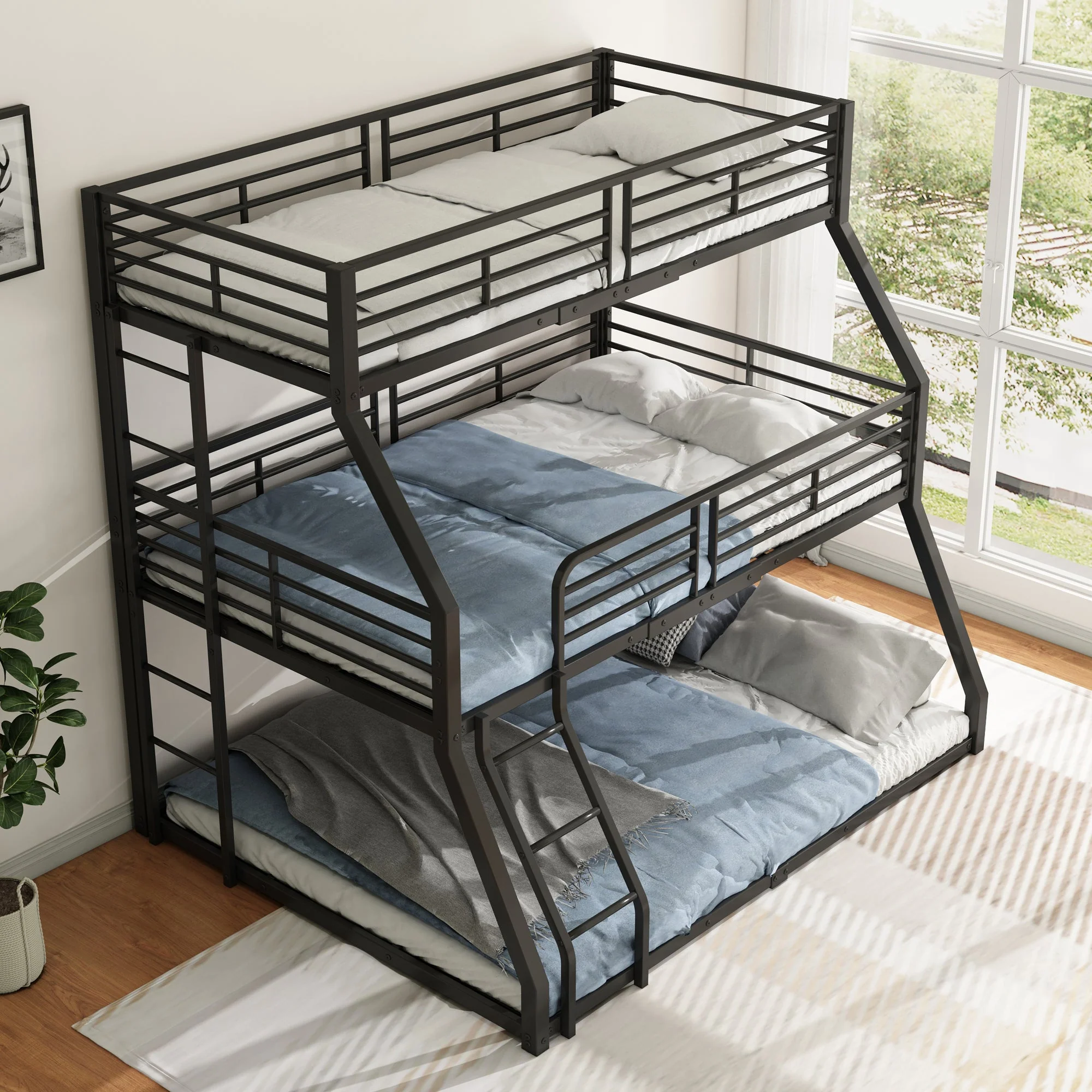 Triple Bunk Bed 90/120/140x200cm Metal Frame - Black - Image 3