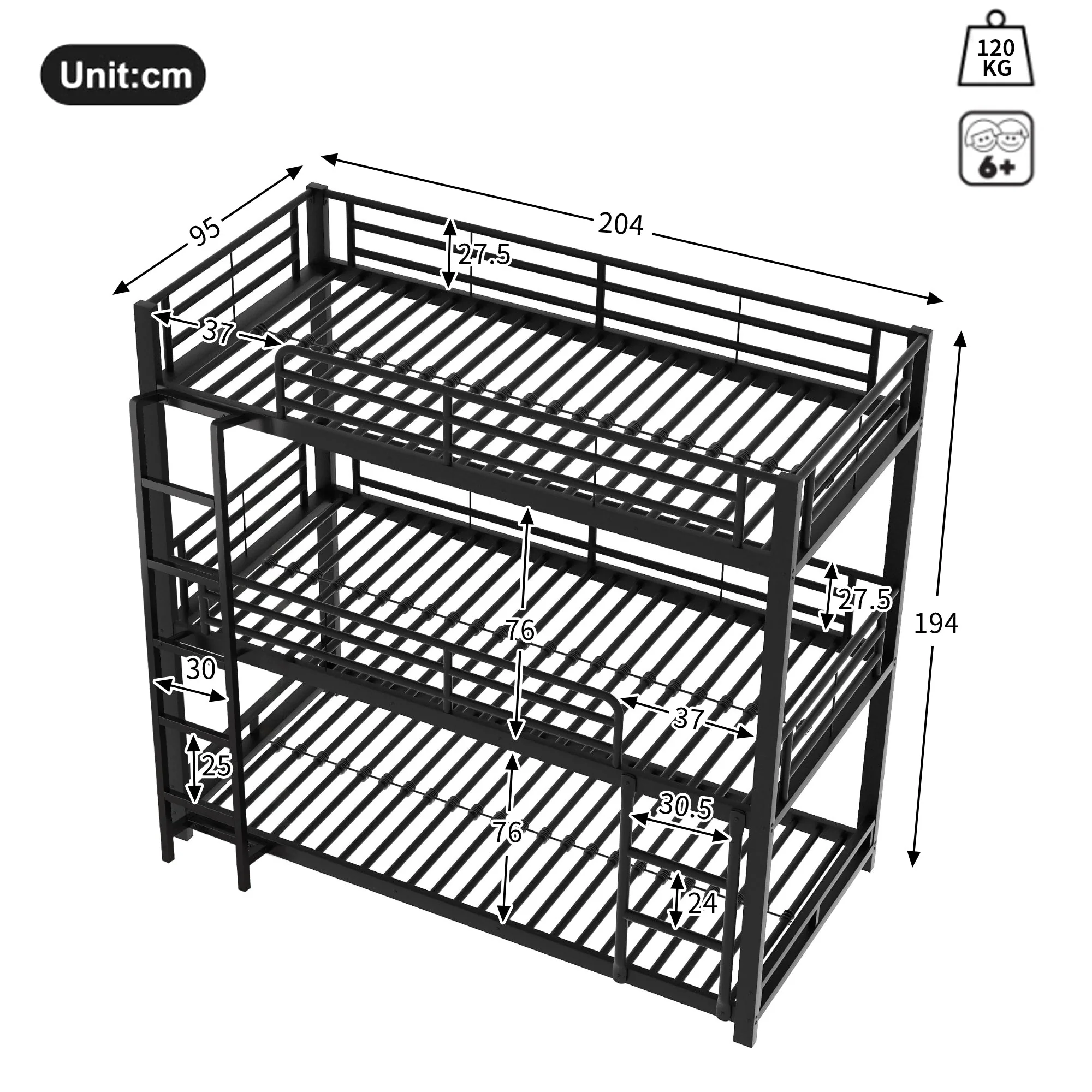 Triple Bunk Bed 90x200cm Metal for Children & Adults, Black - Image 5