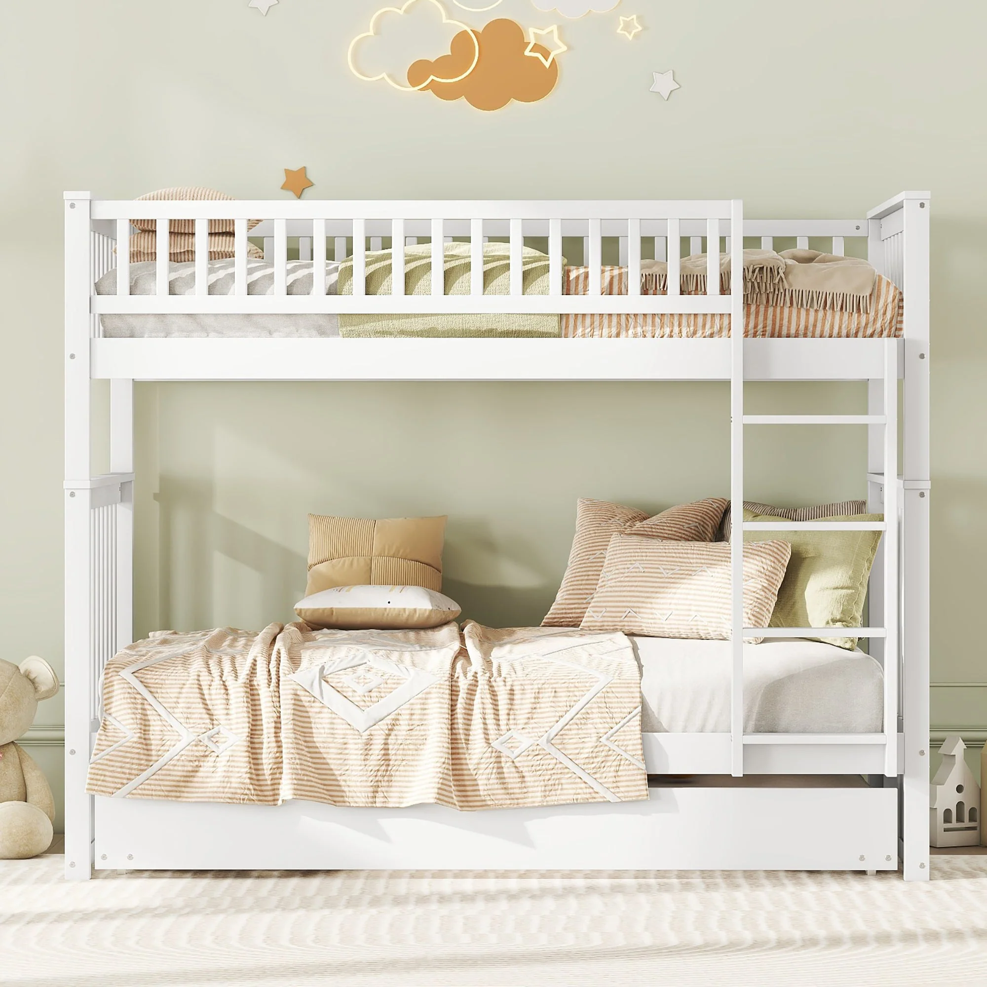 Triple Bunk Bed 90x200cm with Pull-Out Bed High Railings Sturdy Staircase White - Image 3