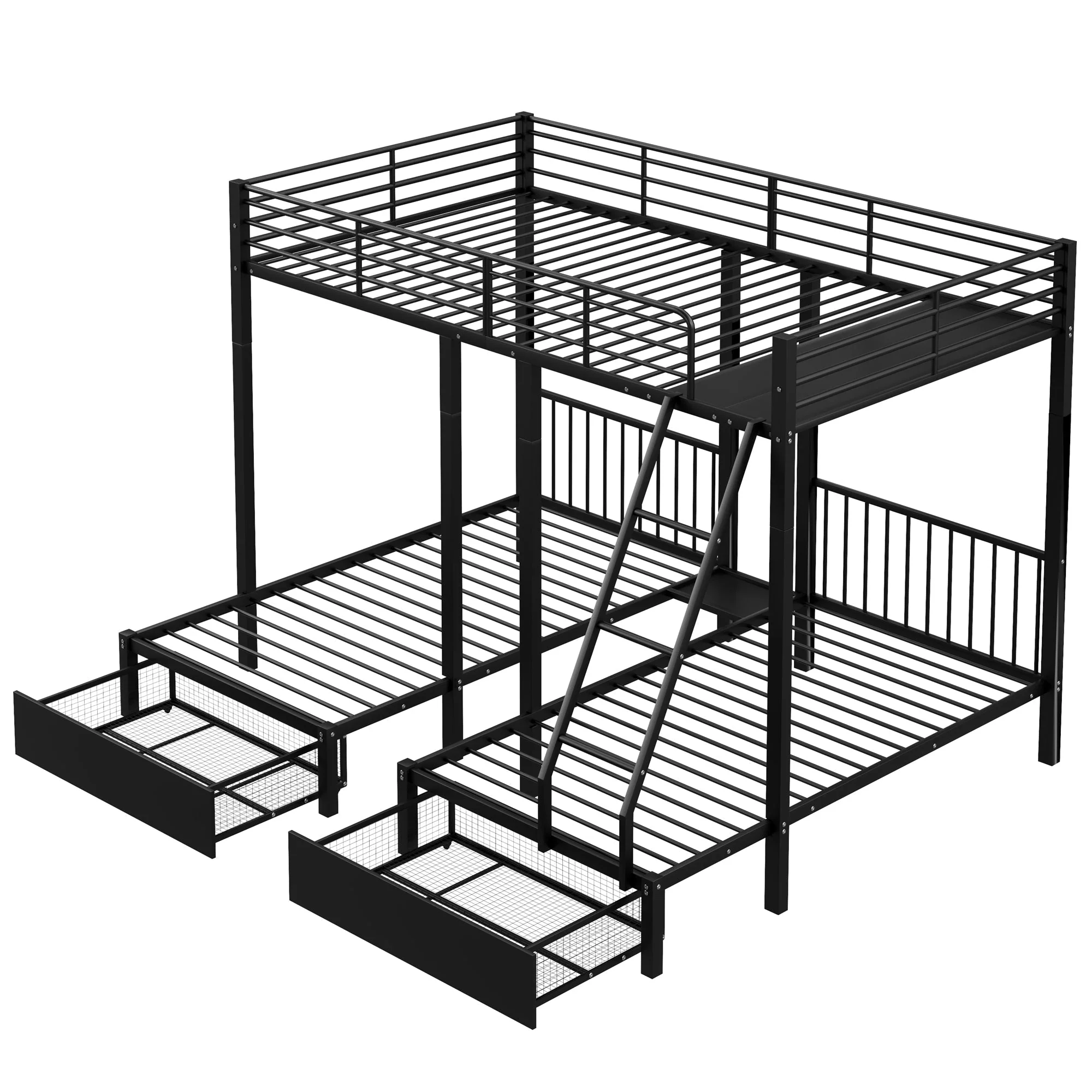 Triple Bunk Bed, Drawers, Convertible to Double & Two Single Beds, Metal, Black - Image 9