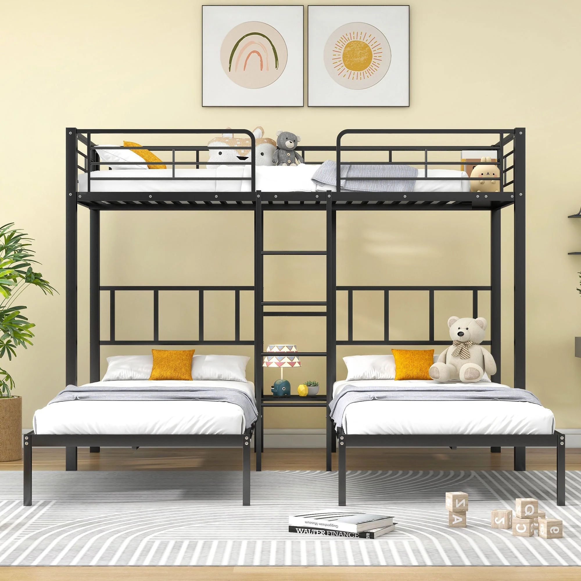 Triple Bunk Bed with Ladder, Safety Rail & Table, Black Iron - Image 2