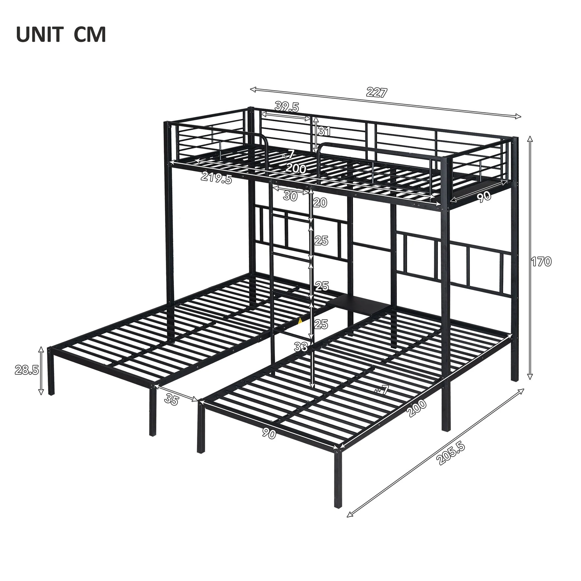Triple Bunk Bed with Ladder, Safety Rail & Table, Black Iron - Image 3
