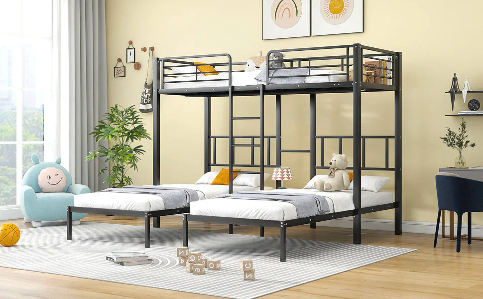 Triple Bunk Bed with Ladder, Safety Rail & Table, Black Iron - Image 7