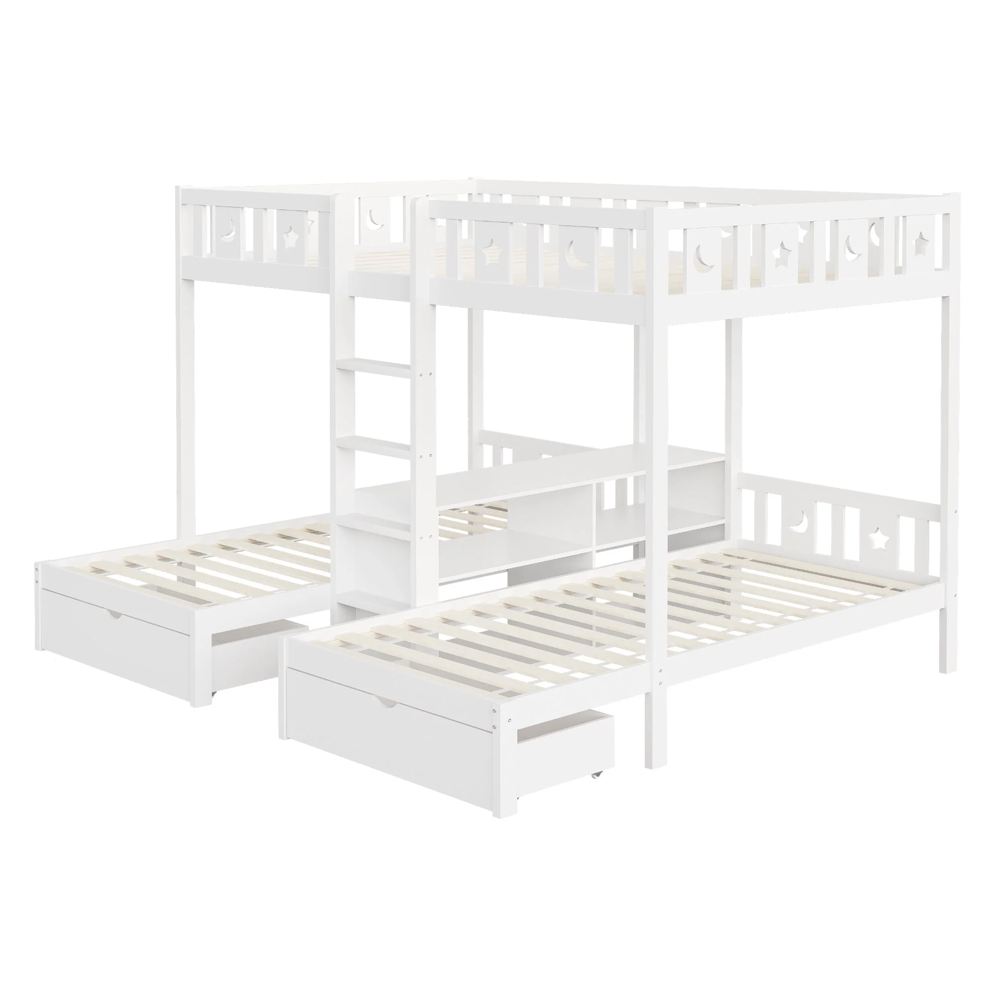 Triple Bunk Bed with Storage Stairs, Drawers and Star Moon Guardrails, 90x200cm & 140x200cm, White Solid Wood - Image 7