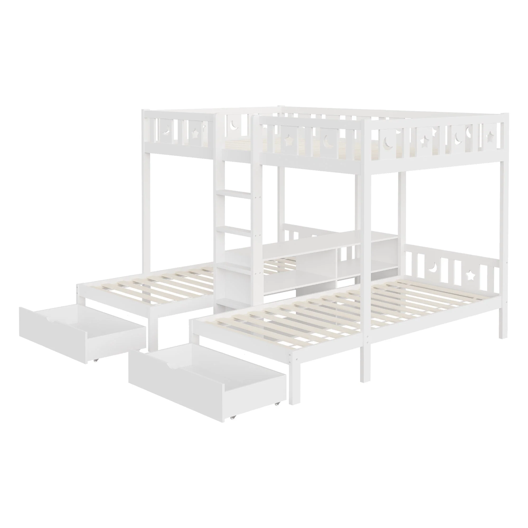 Triple Bunk Bed with Storage Stairs, Drawers and Star Moon Guardrails, 90x200cm & 140x200cm, White Solid Wood - Image 9