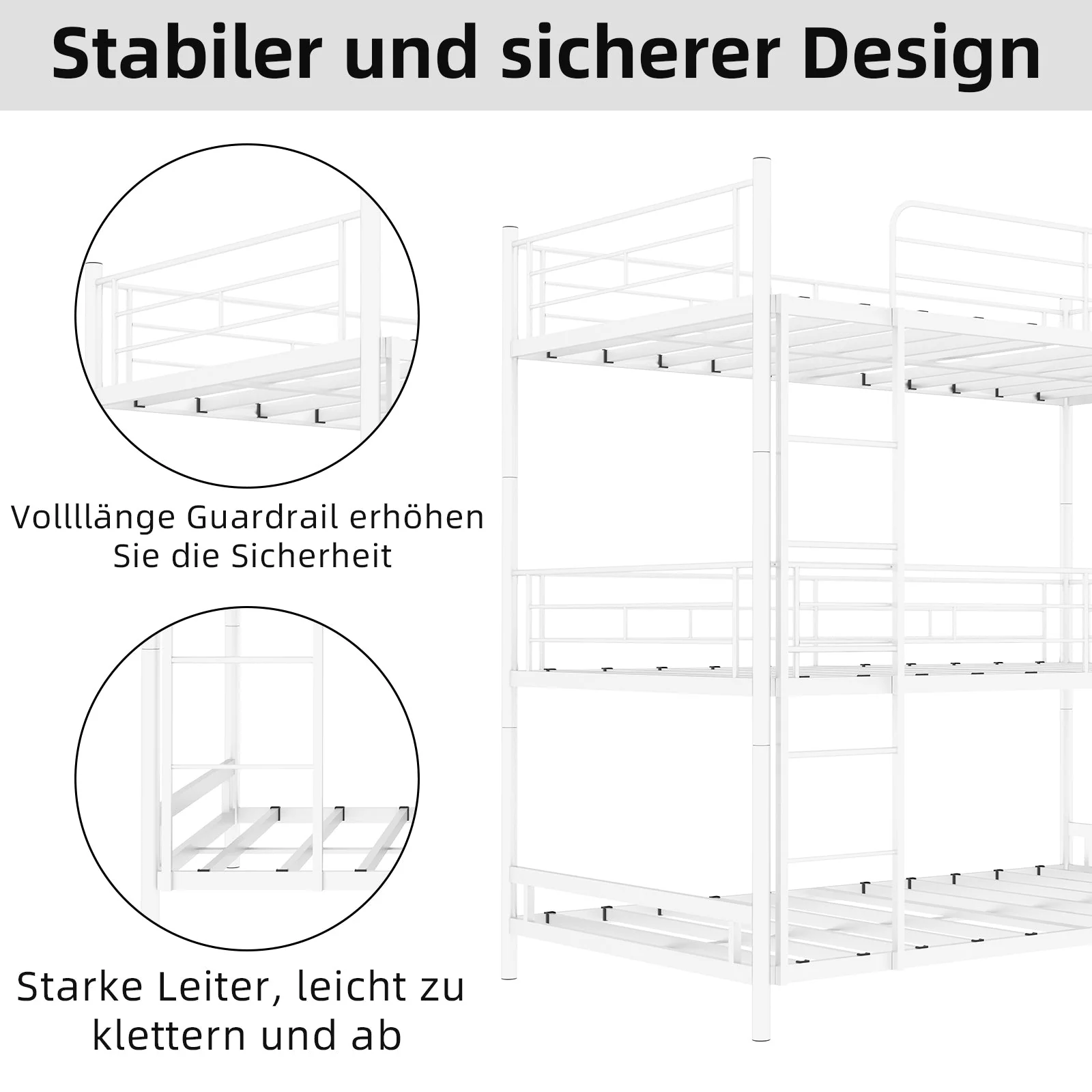 Triple Frame Bed, Heavy-Duty with Built-in Ladder & Railing, Metal - Image 5