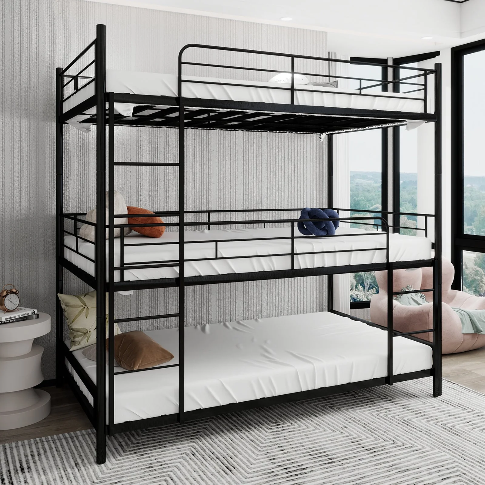 Triple Frame Bed, Heavy-Duty with Ladder & Railing, Easy Assembly, Metal - Image 3