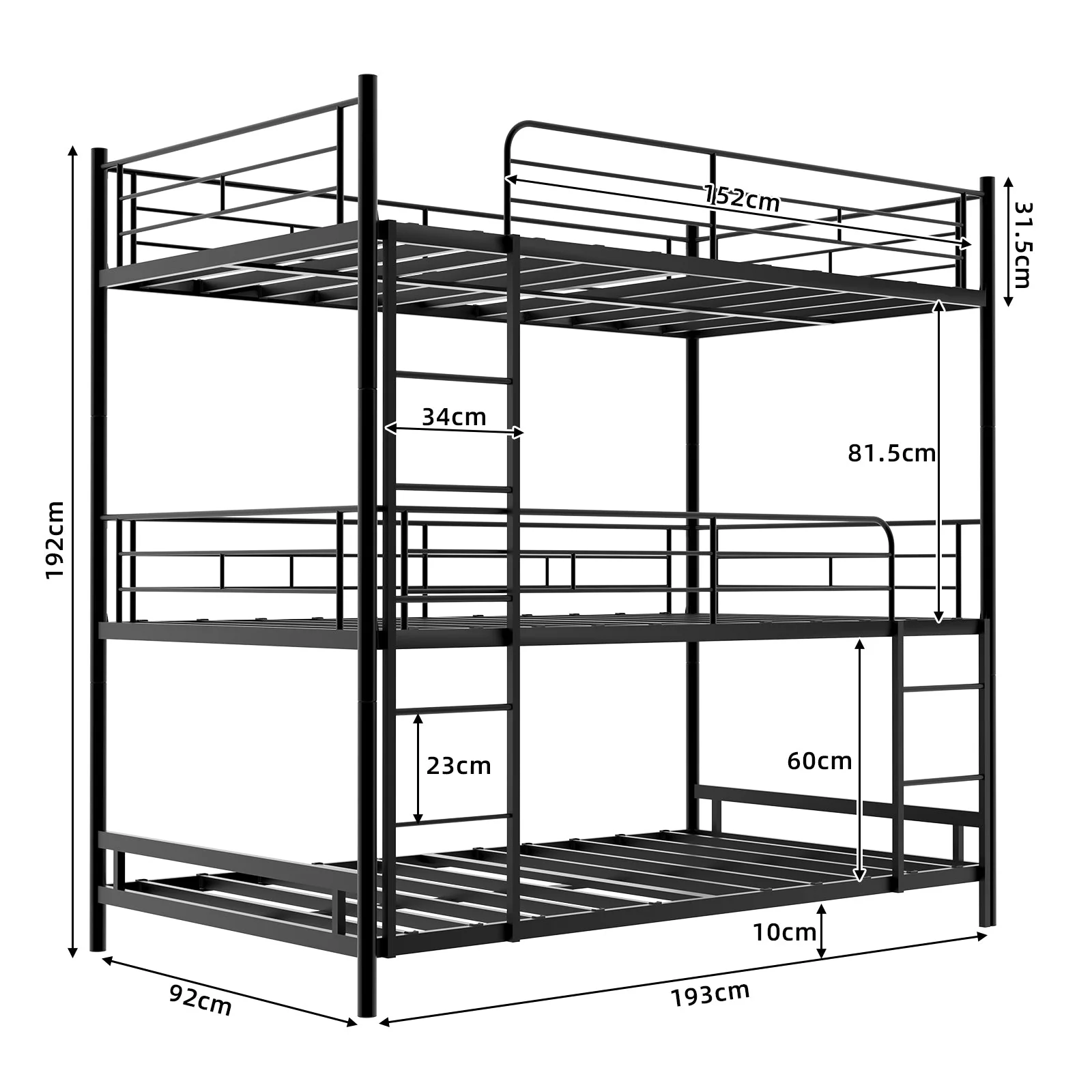 Triple Frame Bed, Heavy-Duty with Ladder & Railing, Easy Assembly, Metal - Image 4
