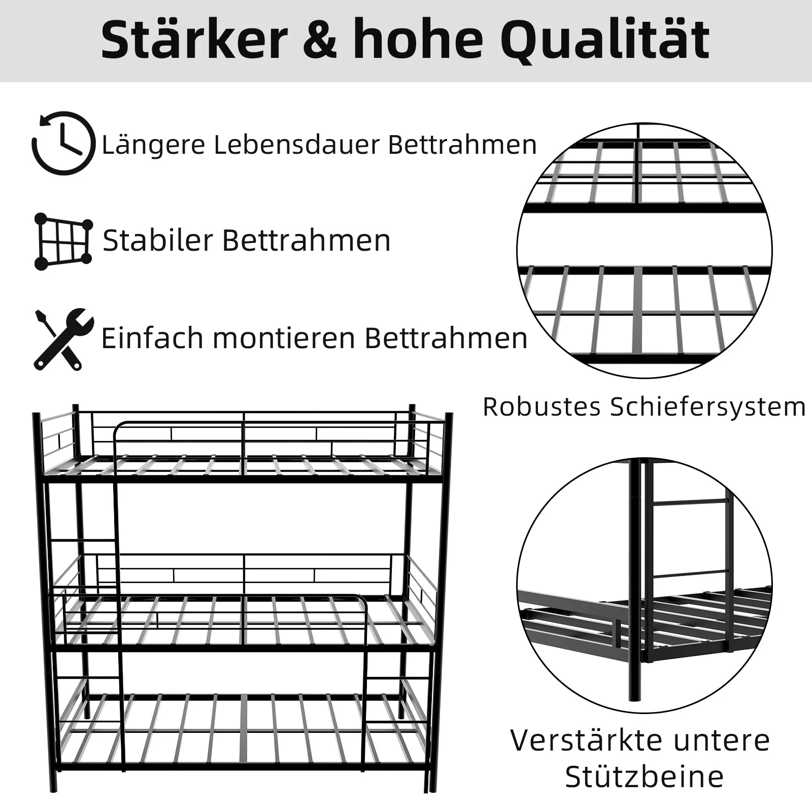 Triple Frame Bed, Heavy-Duty with Ladder & Railing, Easy Assembly, Metal - Image 6