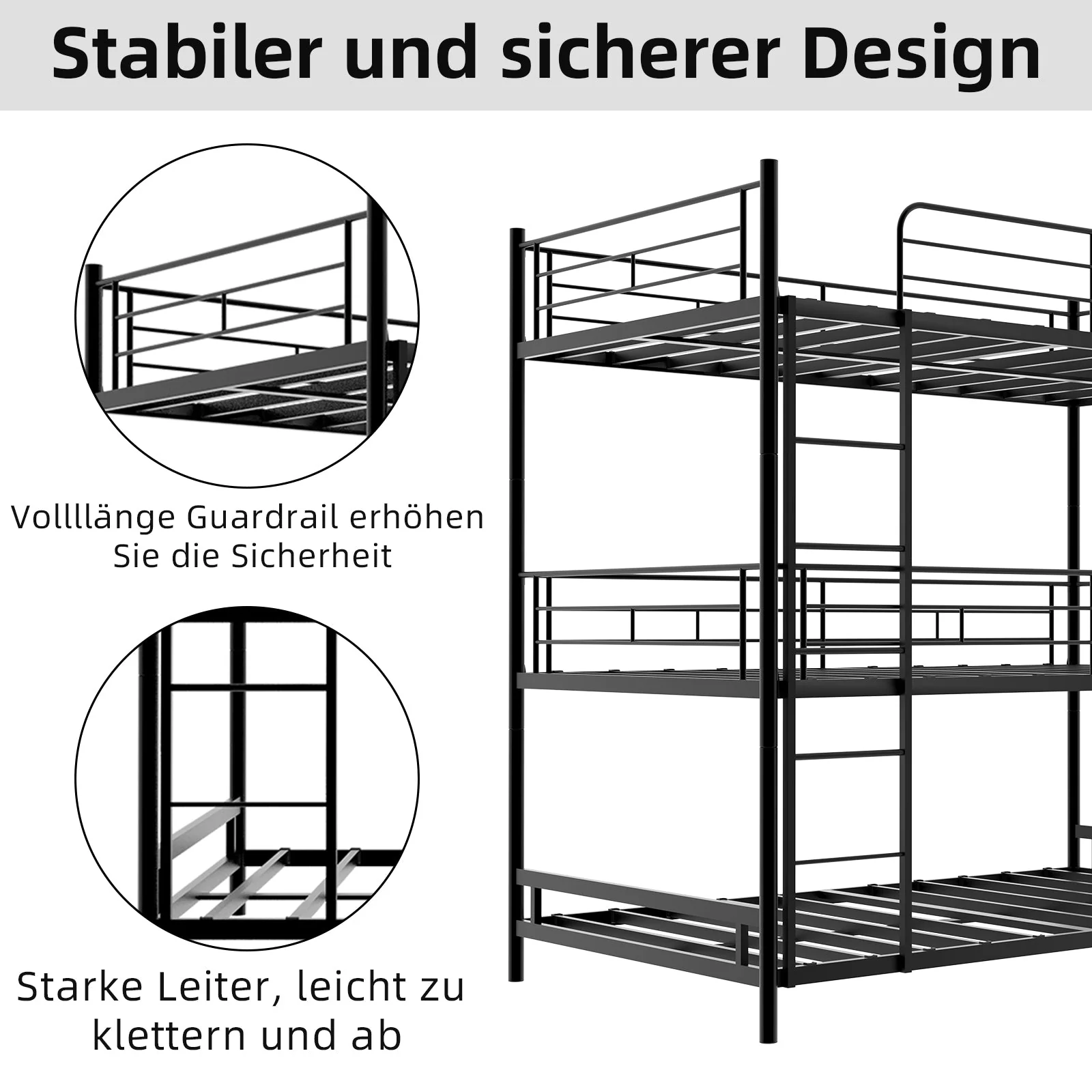 Triple Frame Bed, Heavy-Duty with Ladder & Railing, Easy Assembly, Metal - Image 7