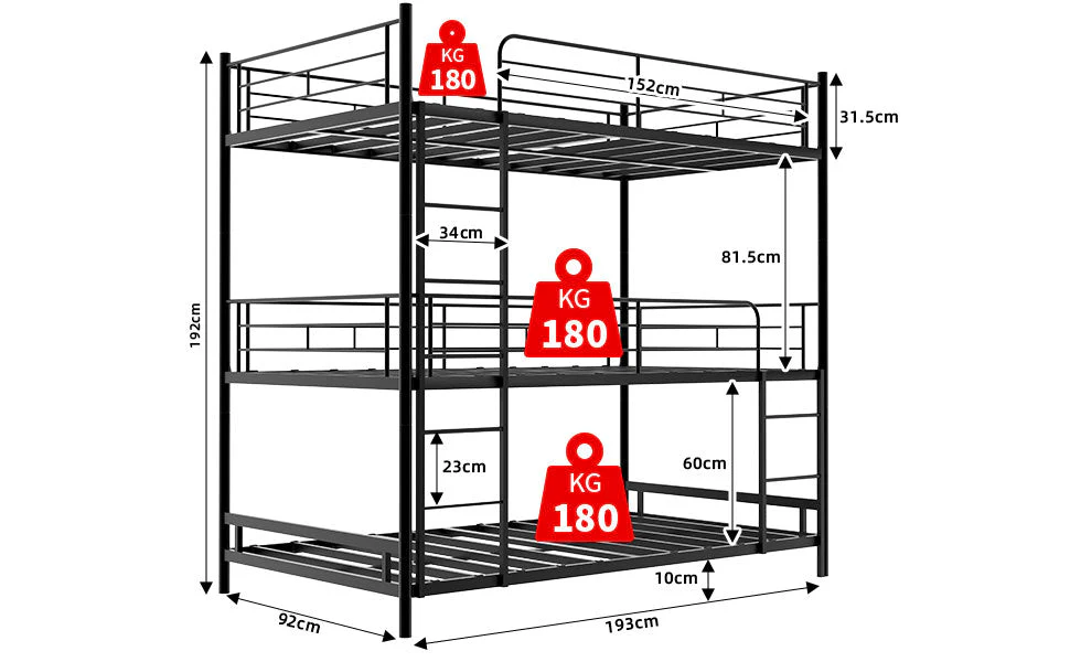 Triple Frame Bed, Heavy-Duty with Ladder & Railing, Easy Assembly, Metal - Image 9