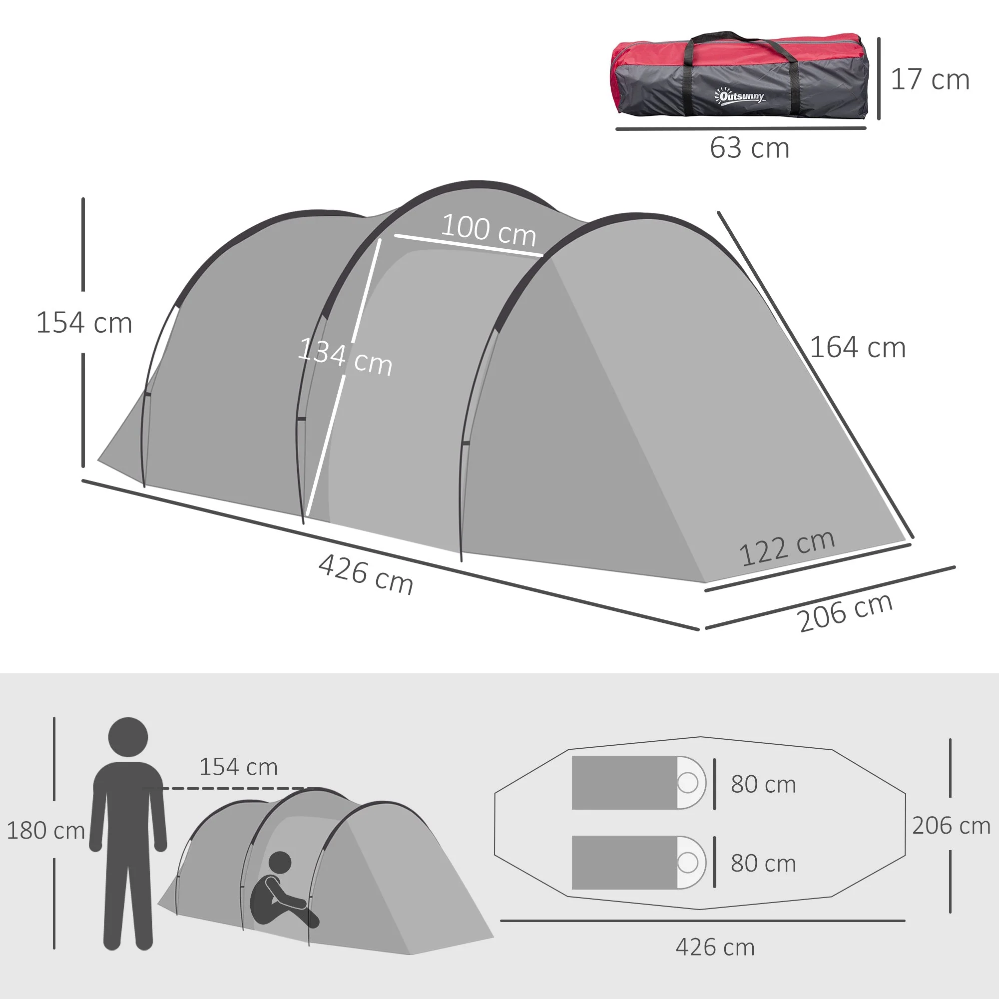 Tunnel Tent, 2-3 Person Camping, Fiberglass & Polyester, Grey - Image 3