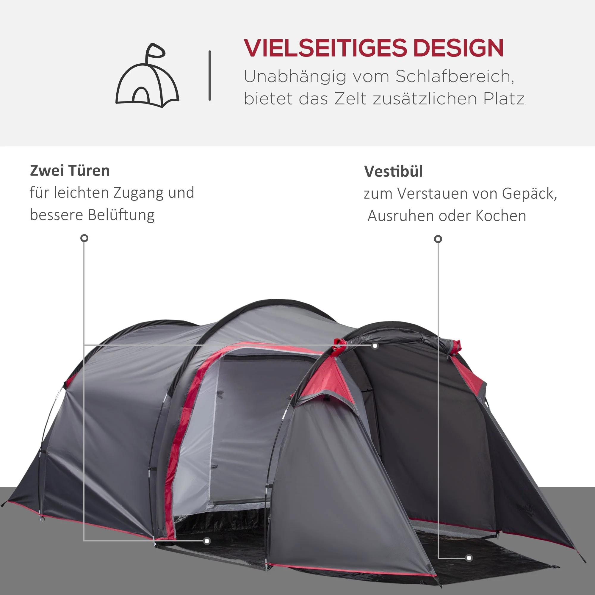 Tunnel Tent, 2-3 Person Camping, Fiberglass & Polyester, Grey - Image 4