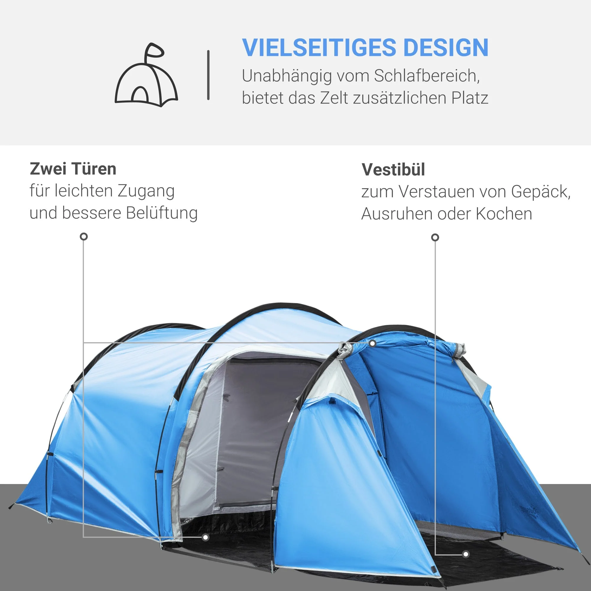 Tunnel Tent 2-3 Person Camping Tent with Pegs, Fiberglass & Polyester, Light Blue - Image 4
