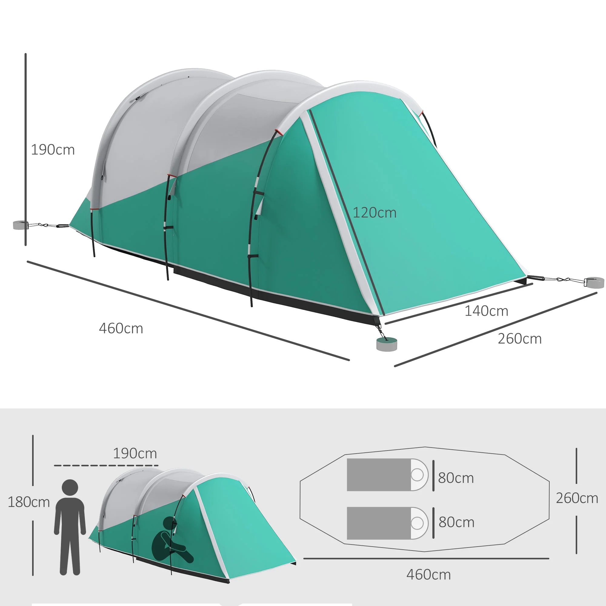 Tunnel Tent Camping Tent, 5 People Family Tent 2 Rooms, Green - Image 3