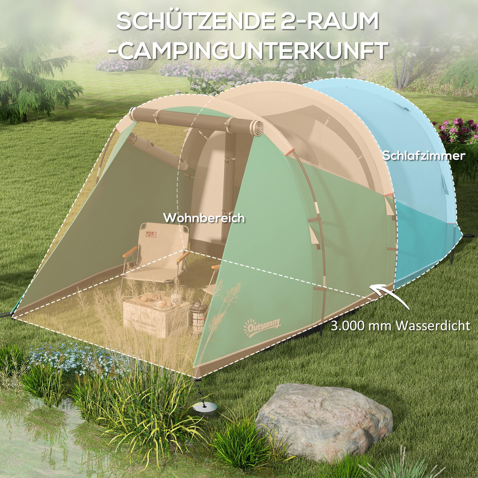 Tunnel Tent Camping Tent, 5 People Family Tent 2 Rooms, Green - Image 4