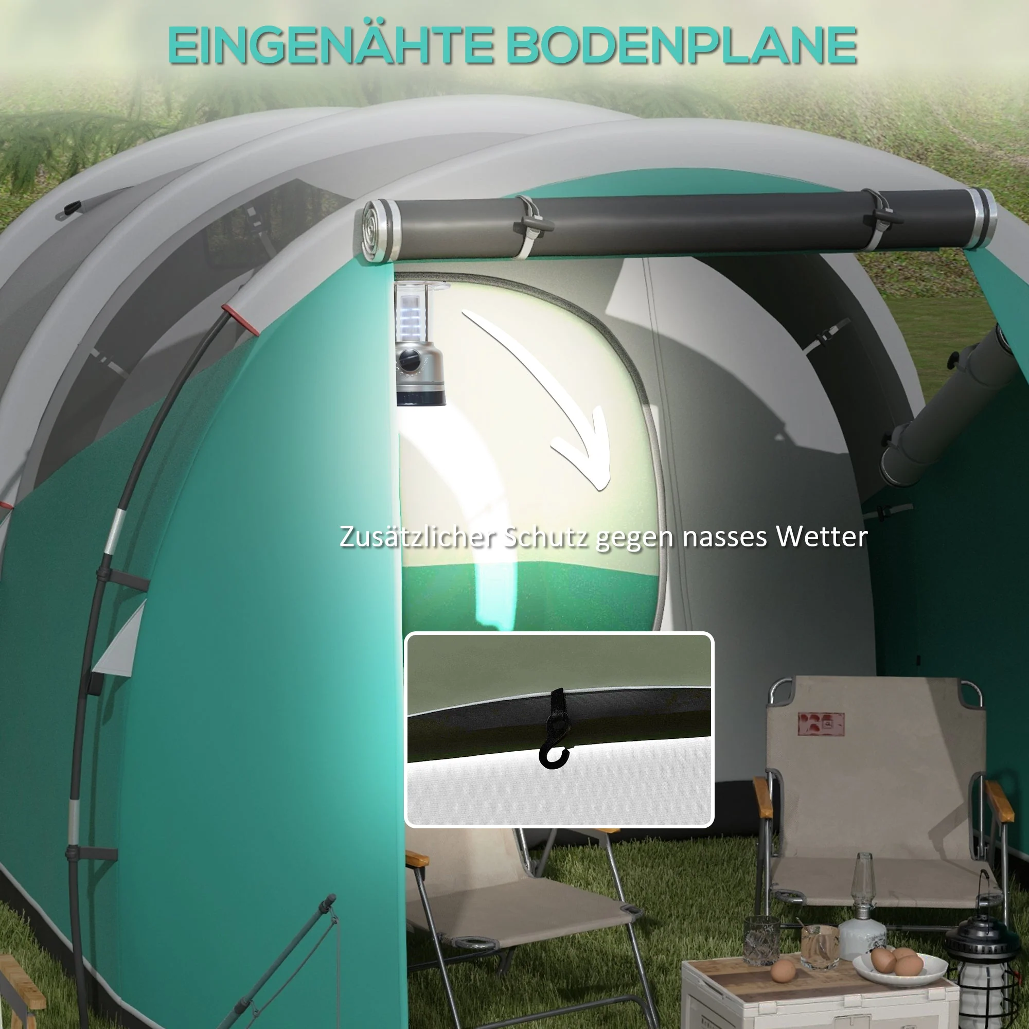 Tunnel Tent Camping Tent, 5 People Family Tent 2 Rooms, Green - Image 6