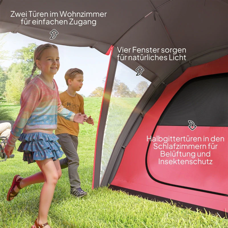 Tunnel Tent Camping Tent for 4-6 people, 3 rooms, double doors, water-repellent, Grey - Image 6