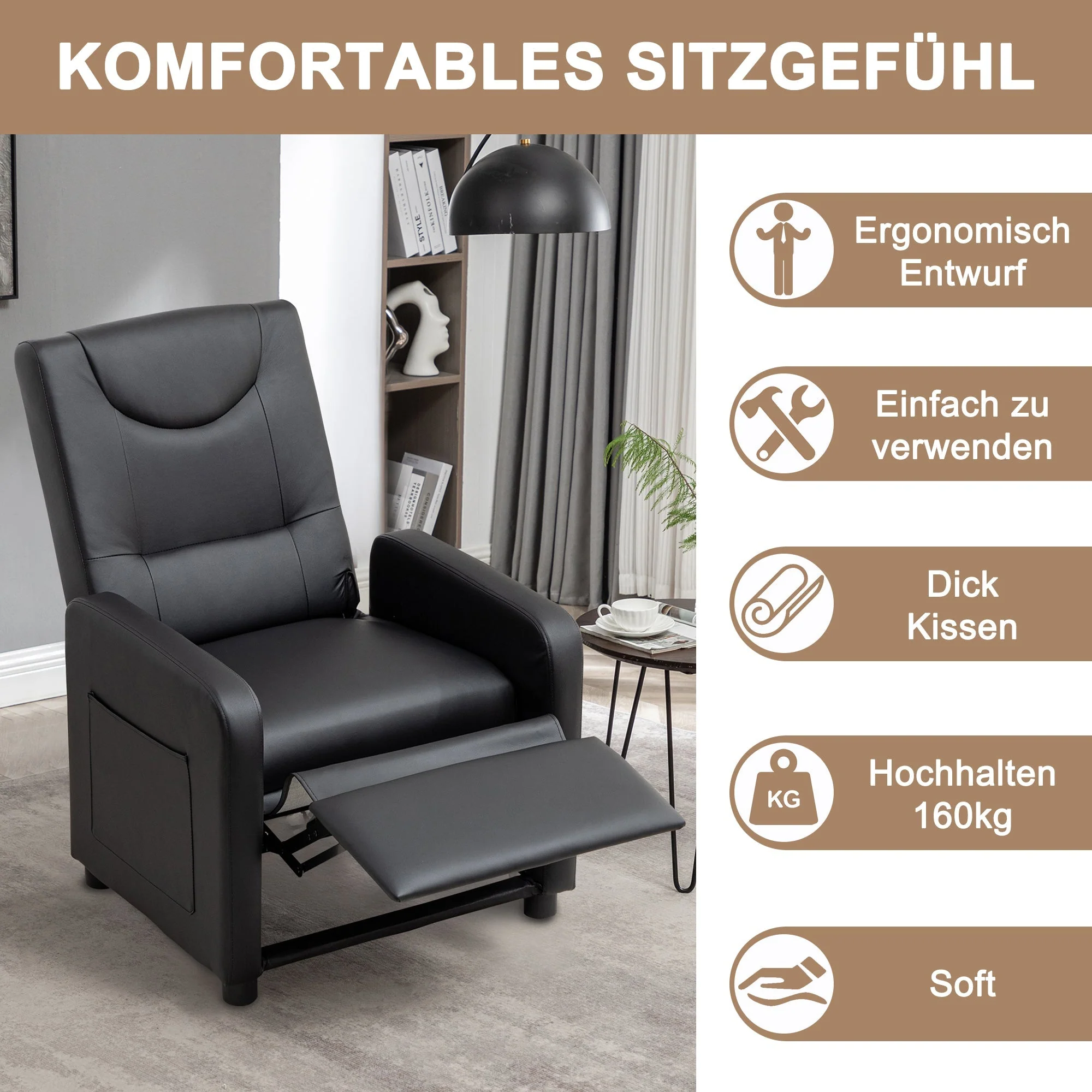 TV Armchair Recliner with Footrest - Black PU - Image 2