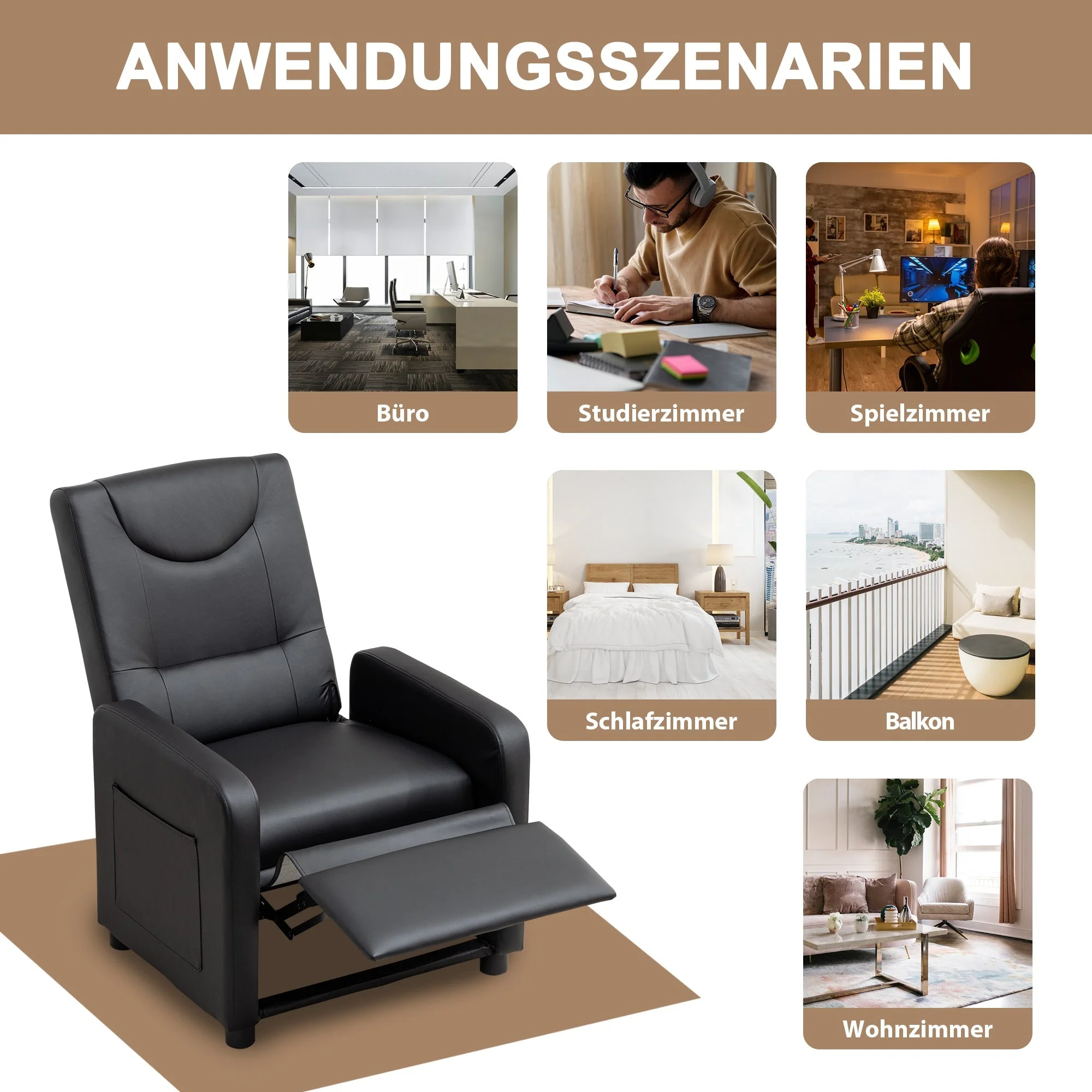 TV Armchair Recliner with Footrest - Black PU - Image 3