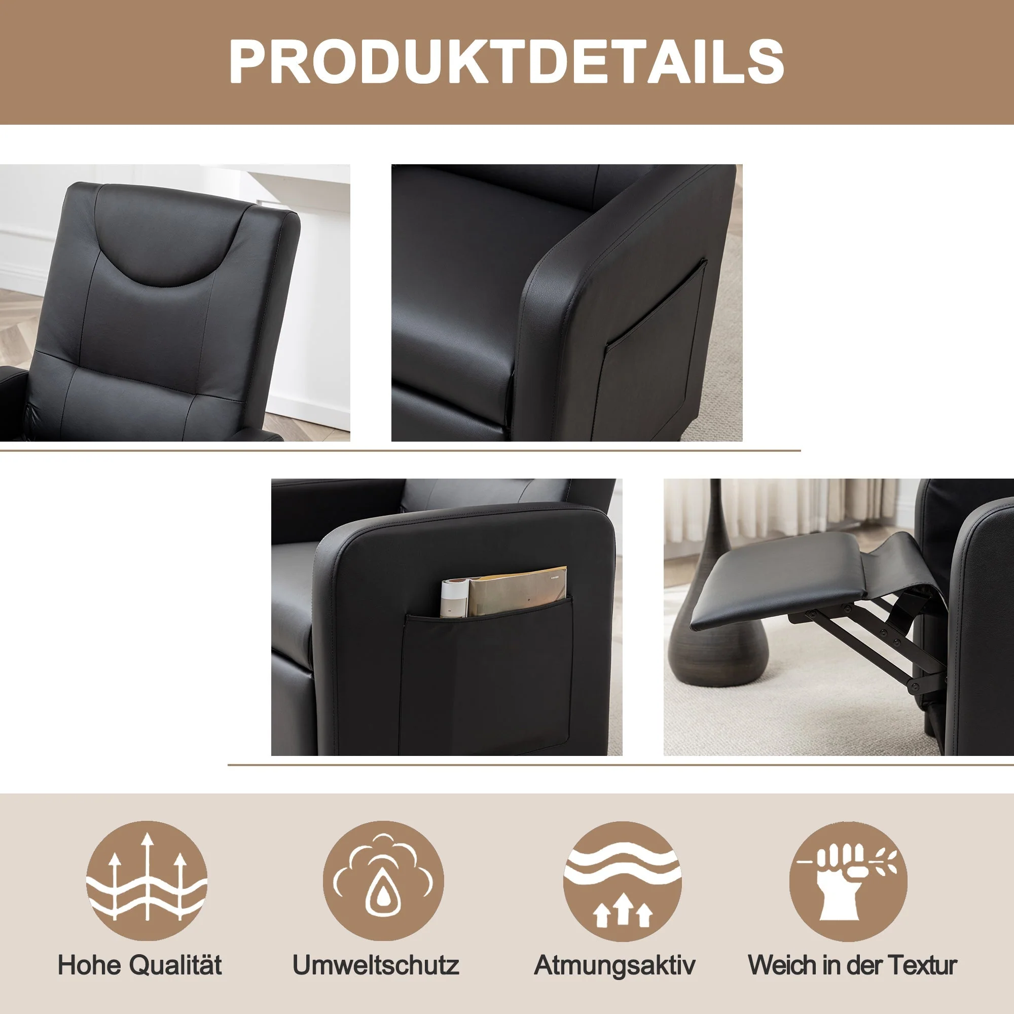 TV Armchair Recliner with Footrest - Black PU - Image 4