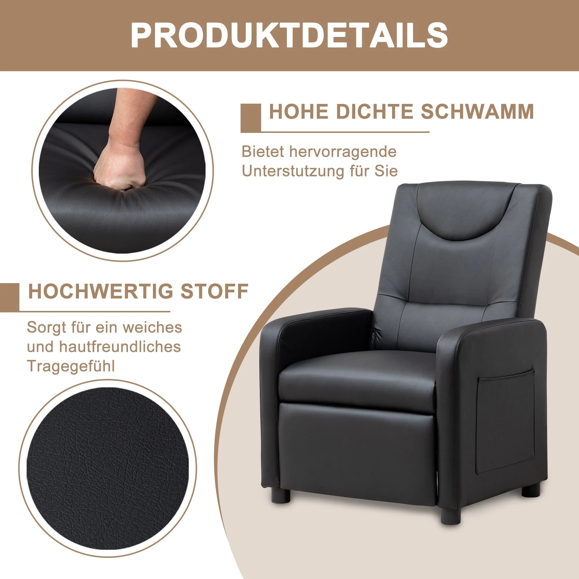 TV Armchair Recliner with Footrest - Black PU - Image 5