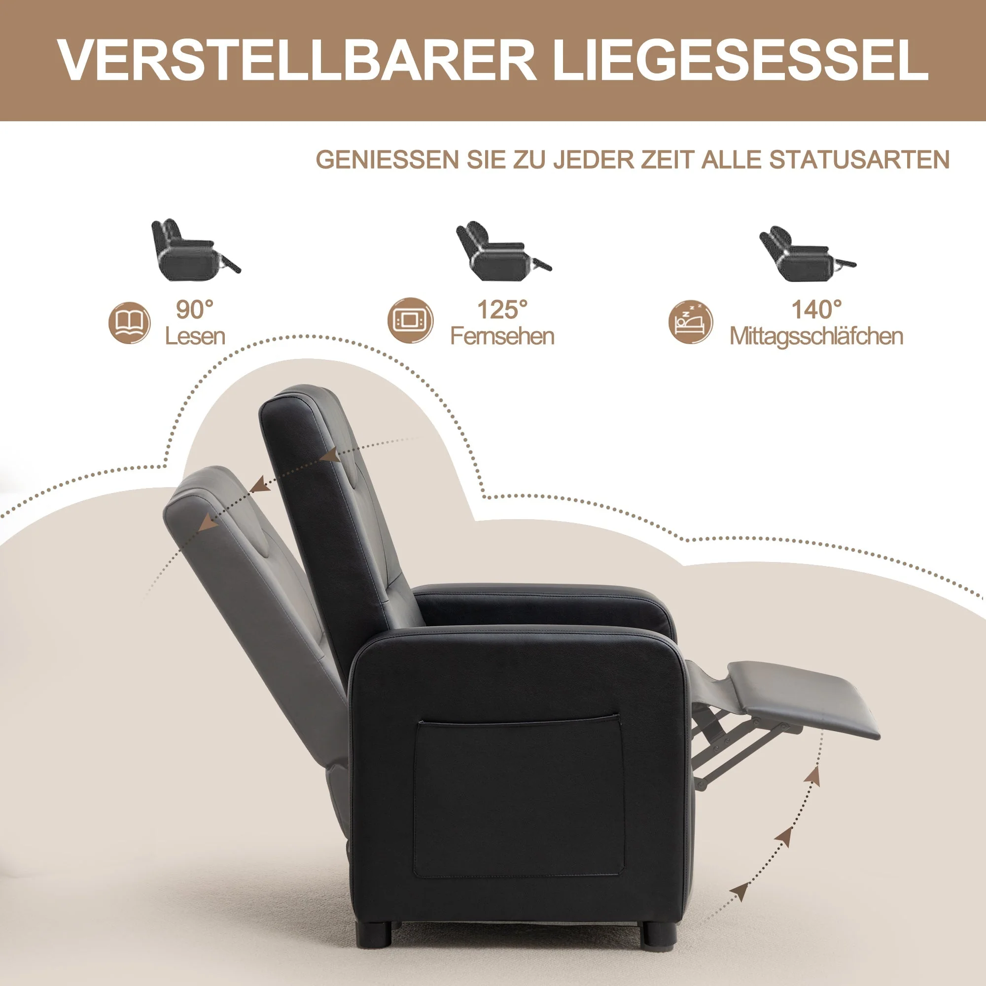TV Armchair Recliner with Footrest - Black PU - Image 6