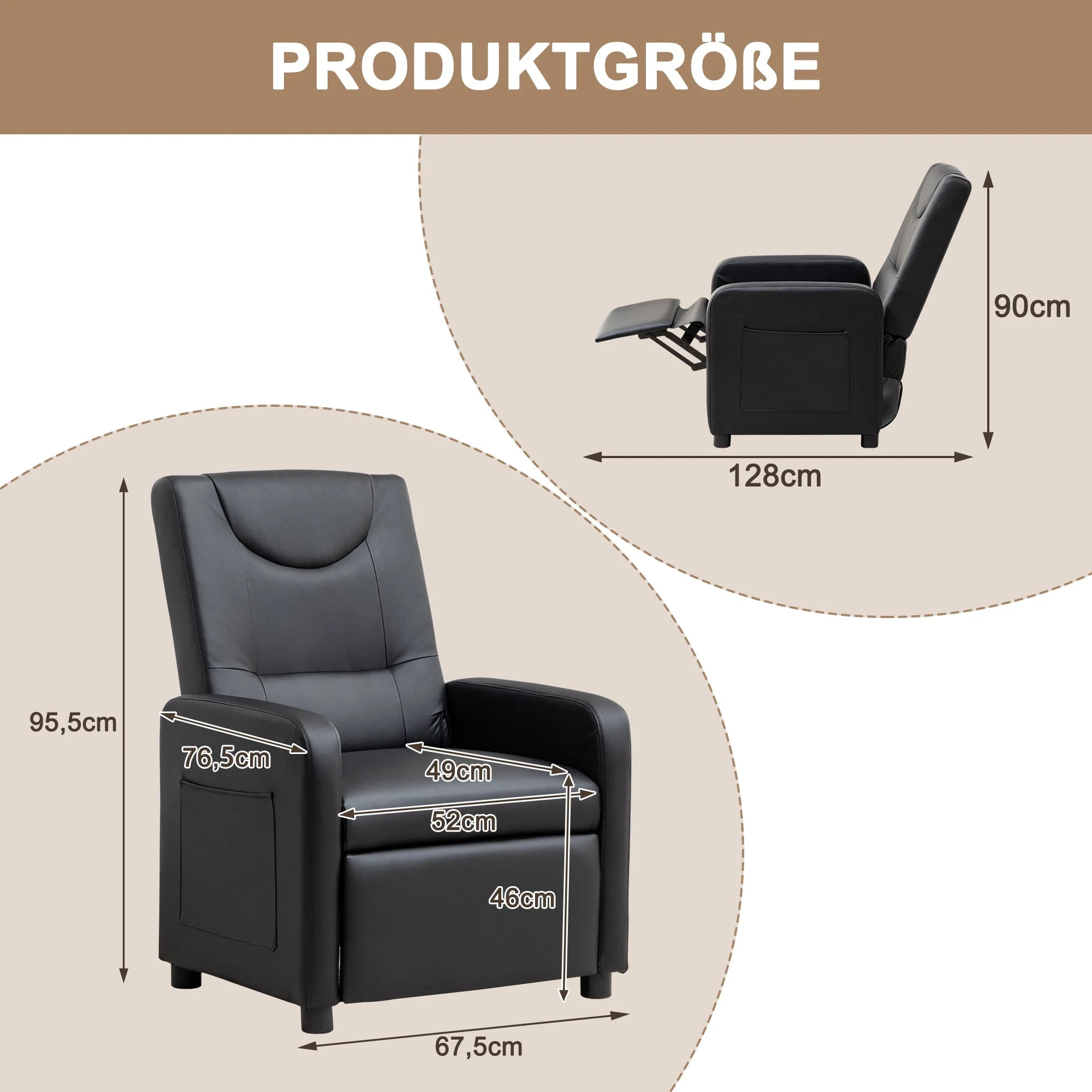 TV Armchair Recliner with Footrest - Black PU - Image 7