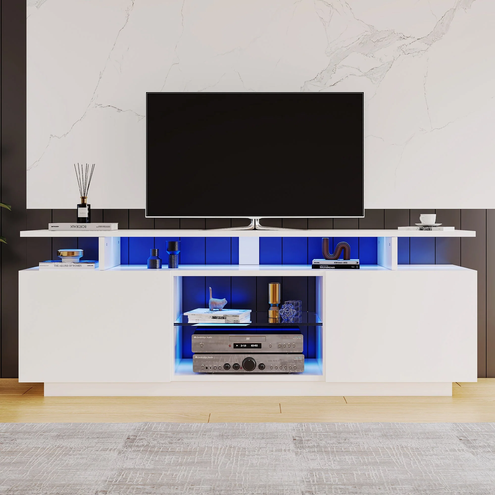 TV Cabinet 1.4m 16-Color LED High-Gloss Doors Glass Shelves - White - Image 2