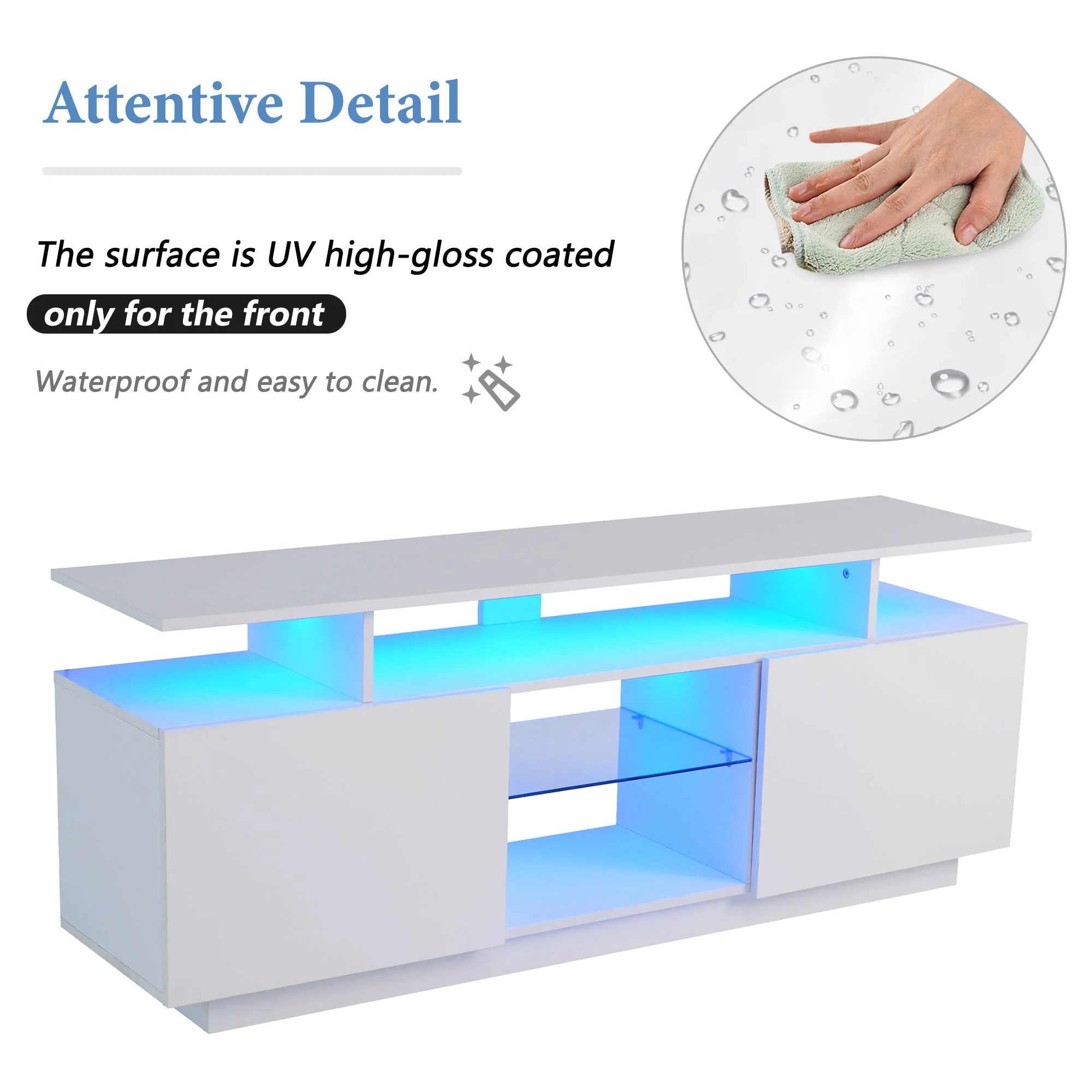 TV Cabinet 1.4m 16-Color LED High-Gloss Doors Glass Shelves - White - Image 3