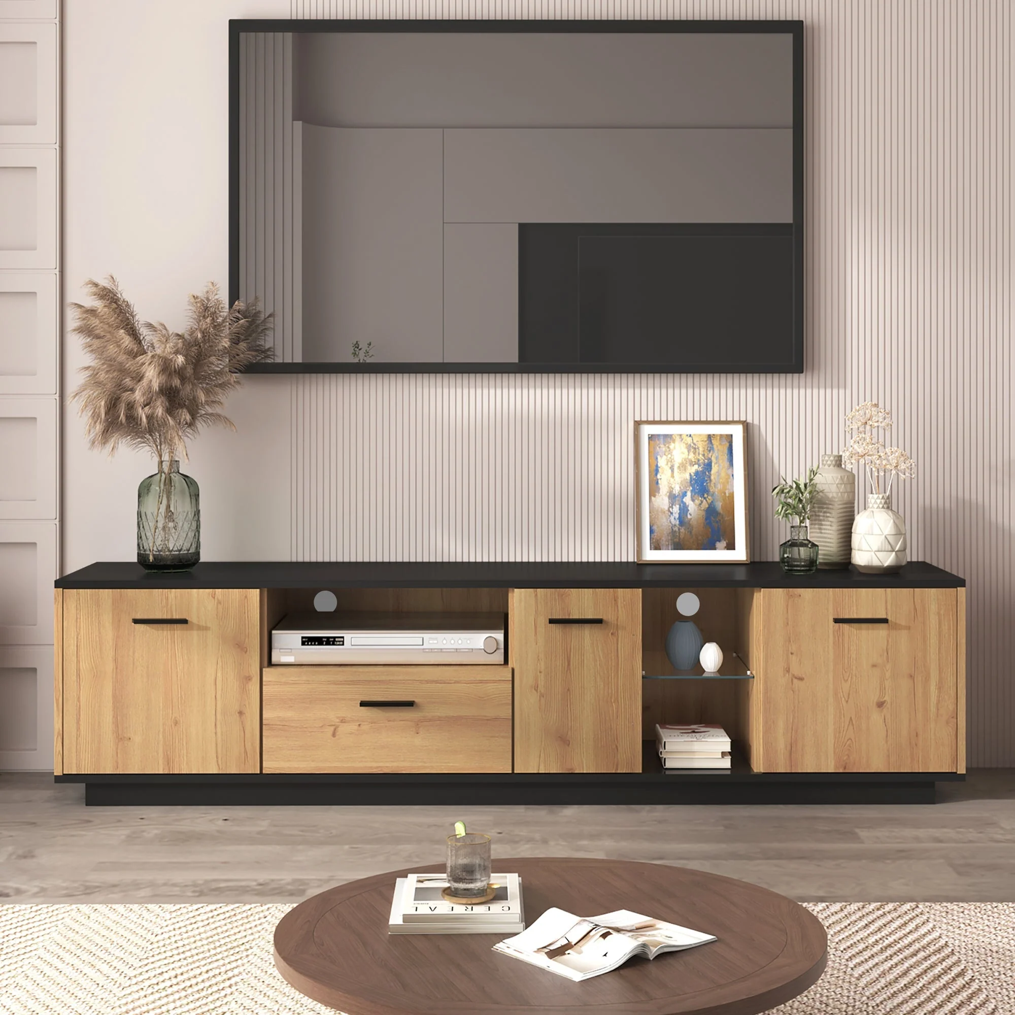 TV Cabinet 1 Drawer 3 Doors Glass Compartments Fine Texture 16 LED Lights, Black/Natural Wood - Image 4