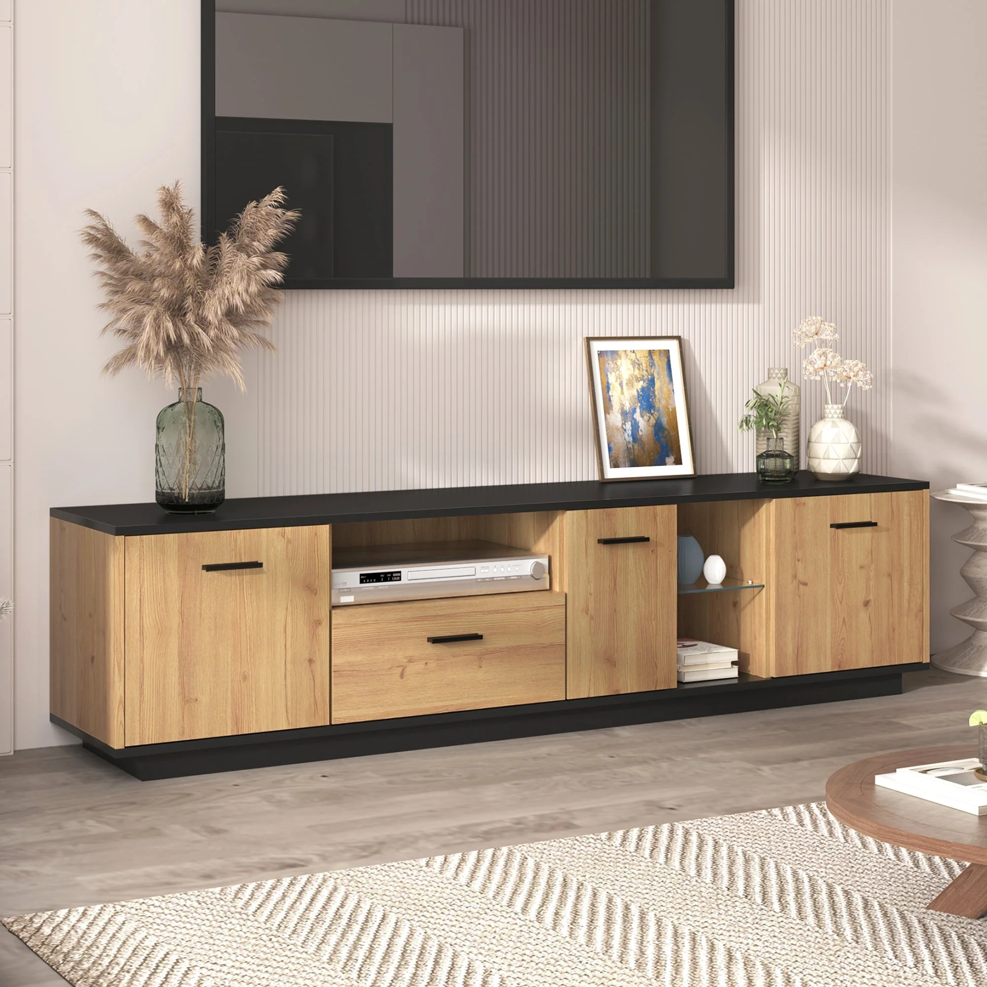 TV Cabinet 1 Drawer 3 Doors Glass Compartments Fine Texture 16 LED Lights, Black/Natural Wood - Image 6