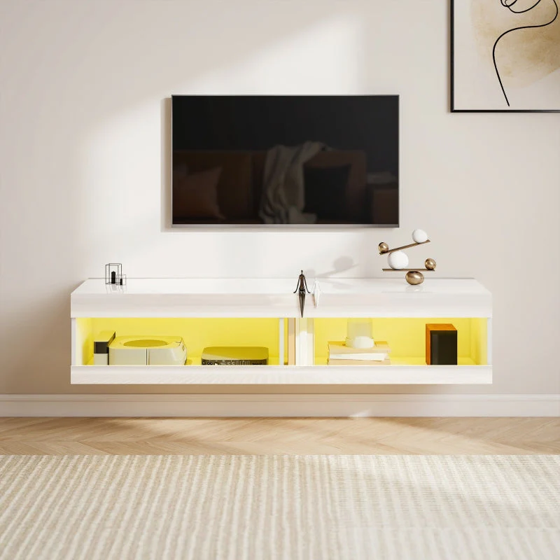 TV Cabinet 140cm Wall-Mounted Lowboard RGB LED Lighting Open Storage High-Gloss White - Image 7