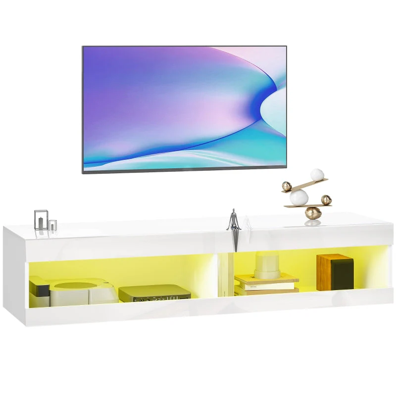 TV Cabinet 140cm Wall-Mounted Lowboard RGB LED Lighting Open Storage High-Gloss White - Image 9