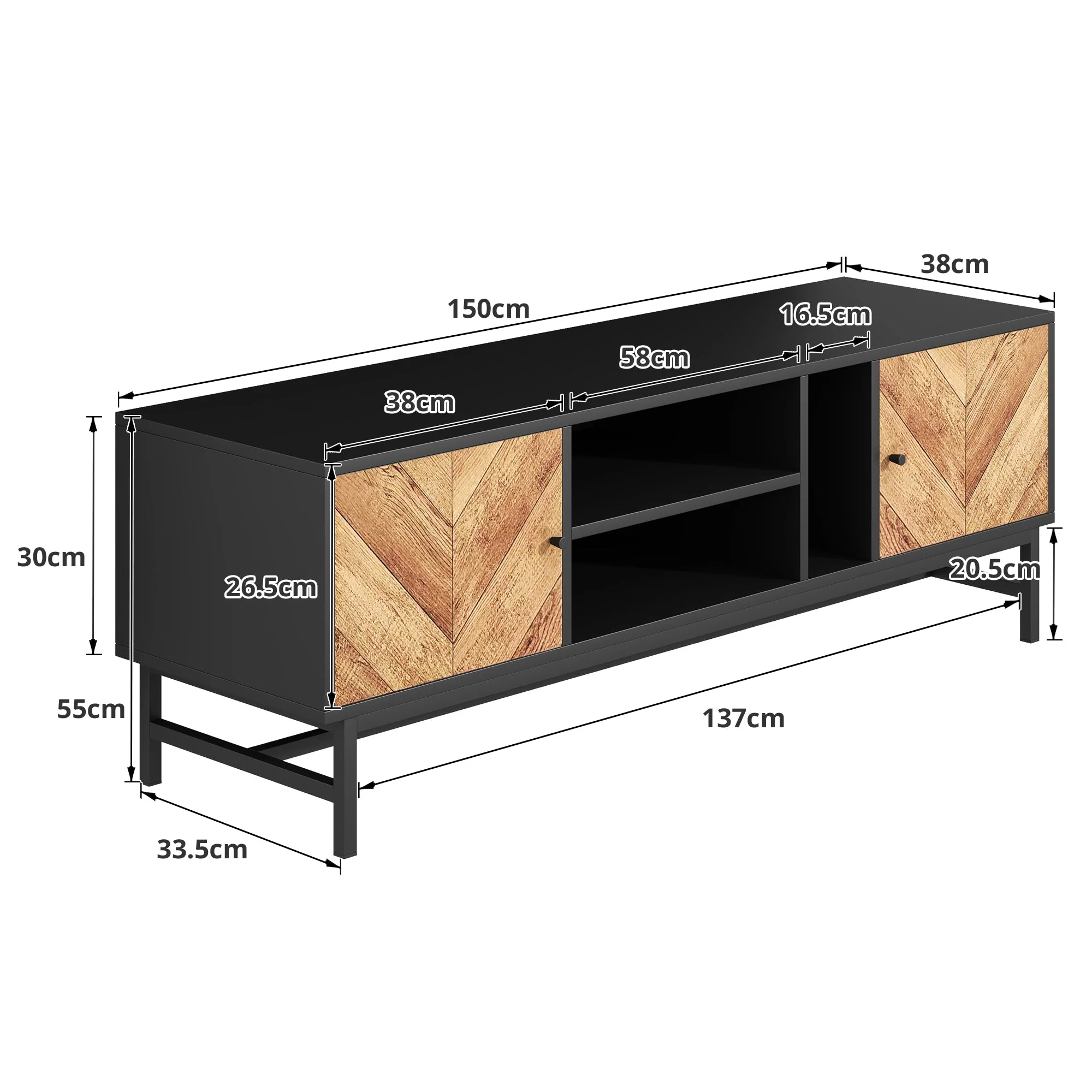 TV Cabinet 150 cm, Versatile Storage with Cabinets & Compartments, Black & Wood - Image 5