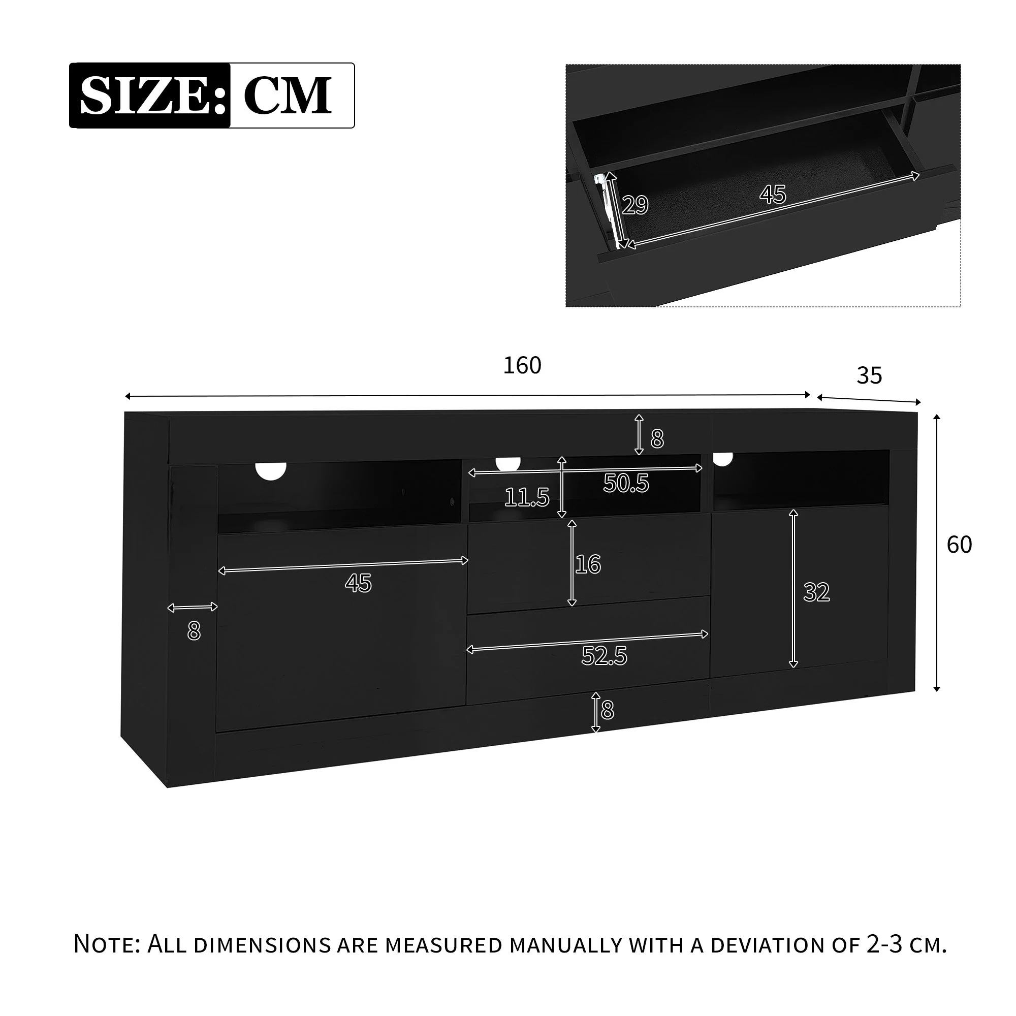 TV Cabinet, 160x35x60cm LED Lighting, 3 Open, 2 Door, 2 Drawer, Smart App Control, for 70-inch TVs, High Gloss - Image 6