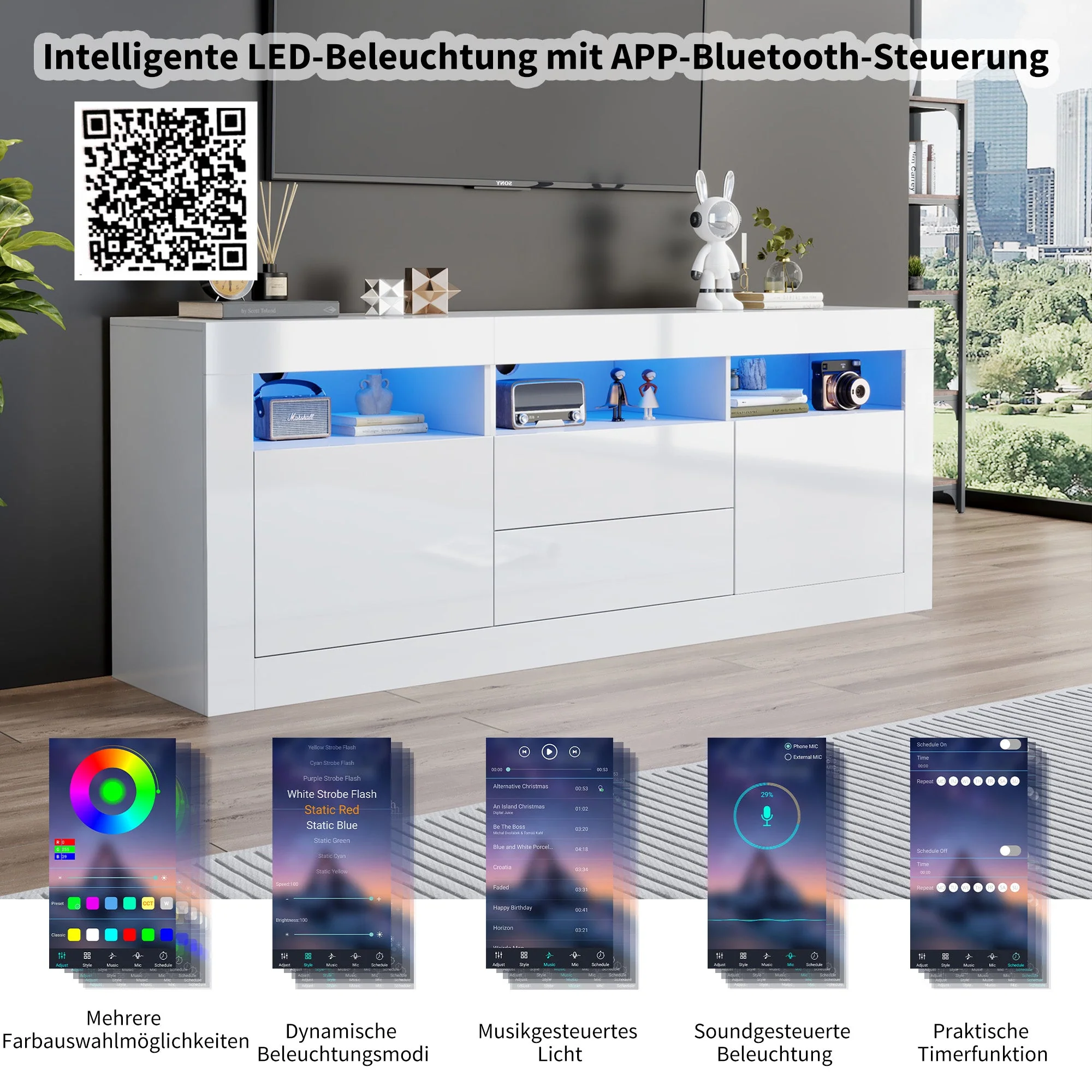 TV Cabinet, 160x35x60cm LED Lit, 3 Open, 2 Doors, 2 Drawers, Smart App Control, High Gloss - Image 10