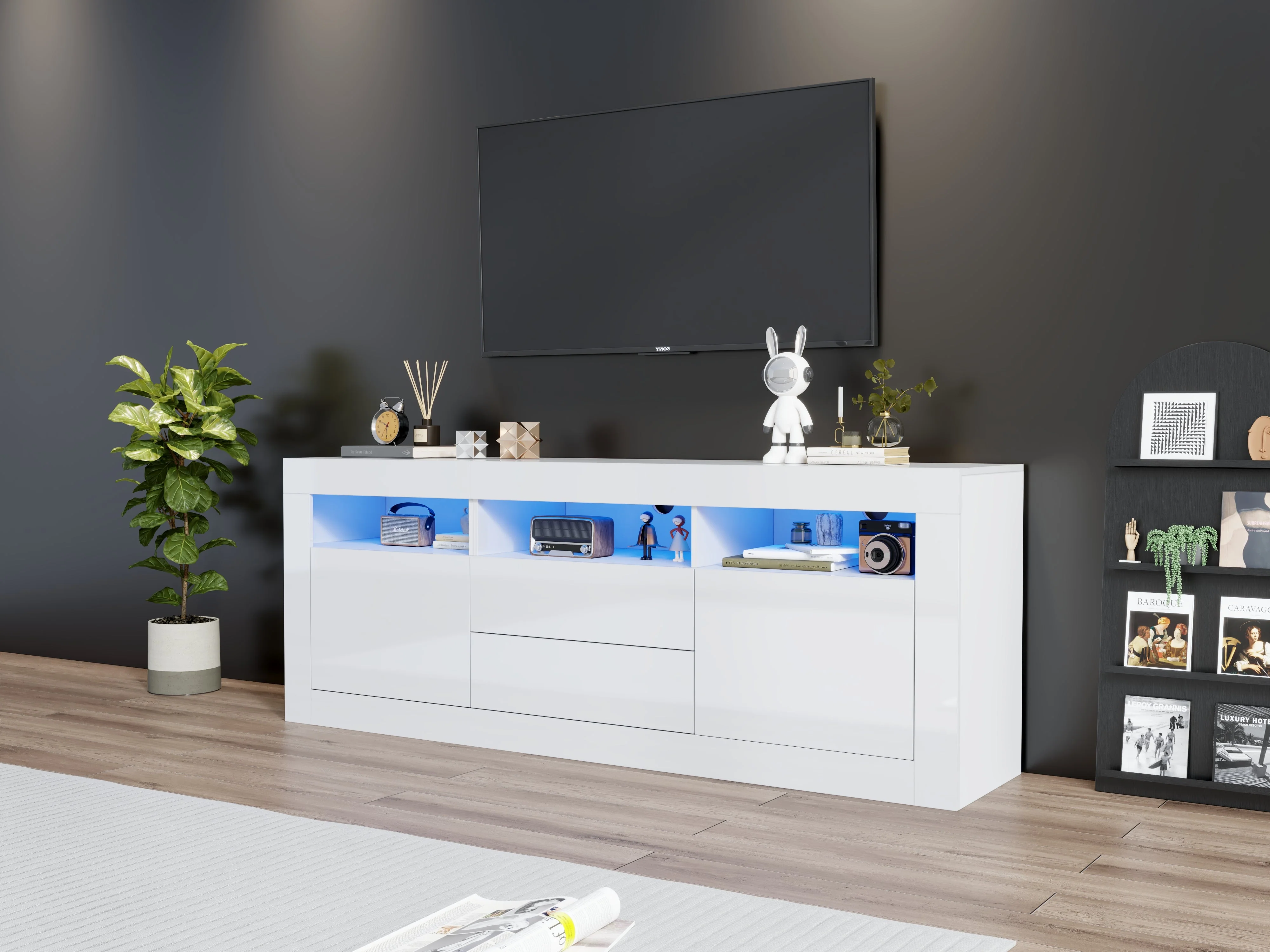 TV Cabinet, 160x35x60cm LED Lit, 3 Open, 2 Doors, 2 Drawers, Smart App Control, High Gloss - Image 5