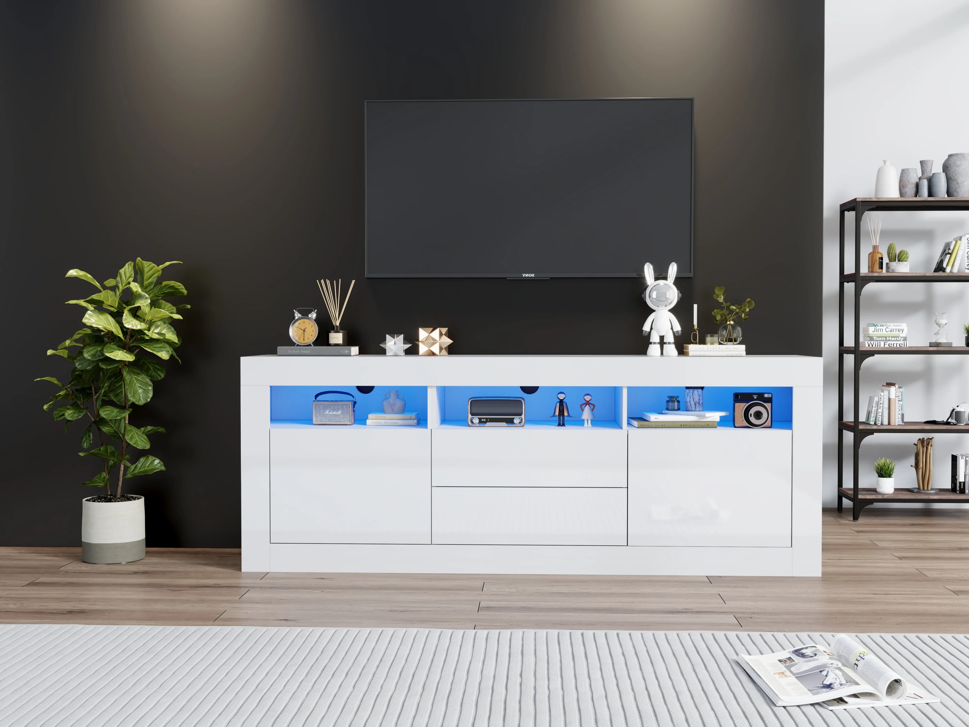 TV Cabinet, 160x35x60cm LED Lit, 3 Open, 2 Doors, 2 Drawers, Smart App Control, High Gloss - Image 6
