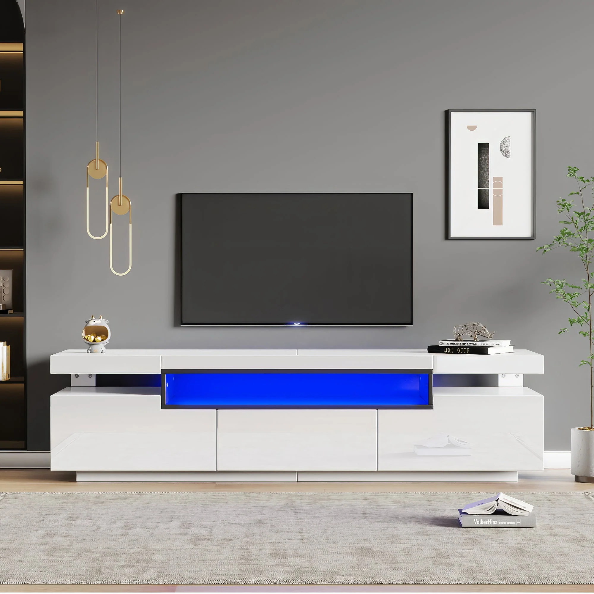TV Cabinet, 160x39x42cm LED Lighting, 3 Drawers, White High-Gloss - Image 3