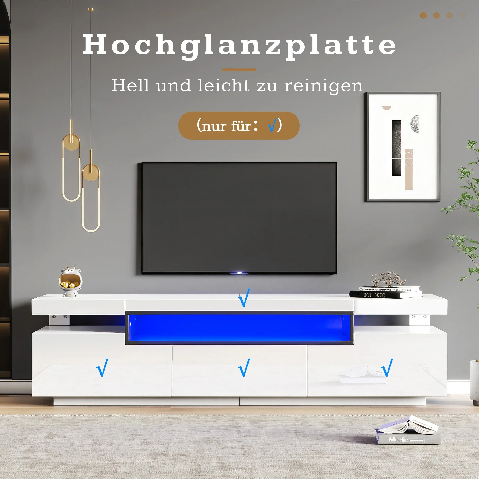 TV Cabinet, 160x39x42cm LED Lighting, 3 Drawers, White High-Gloss - Image 9