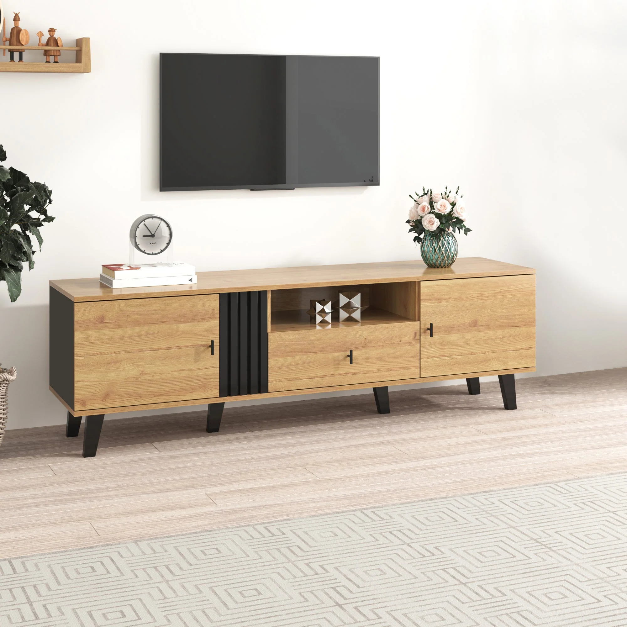 TV Cabinet, 170cm Lowboard with Drawers, Wood and Black - Image 3