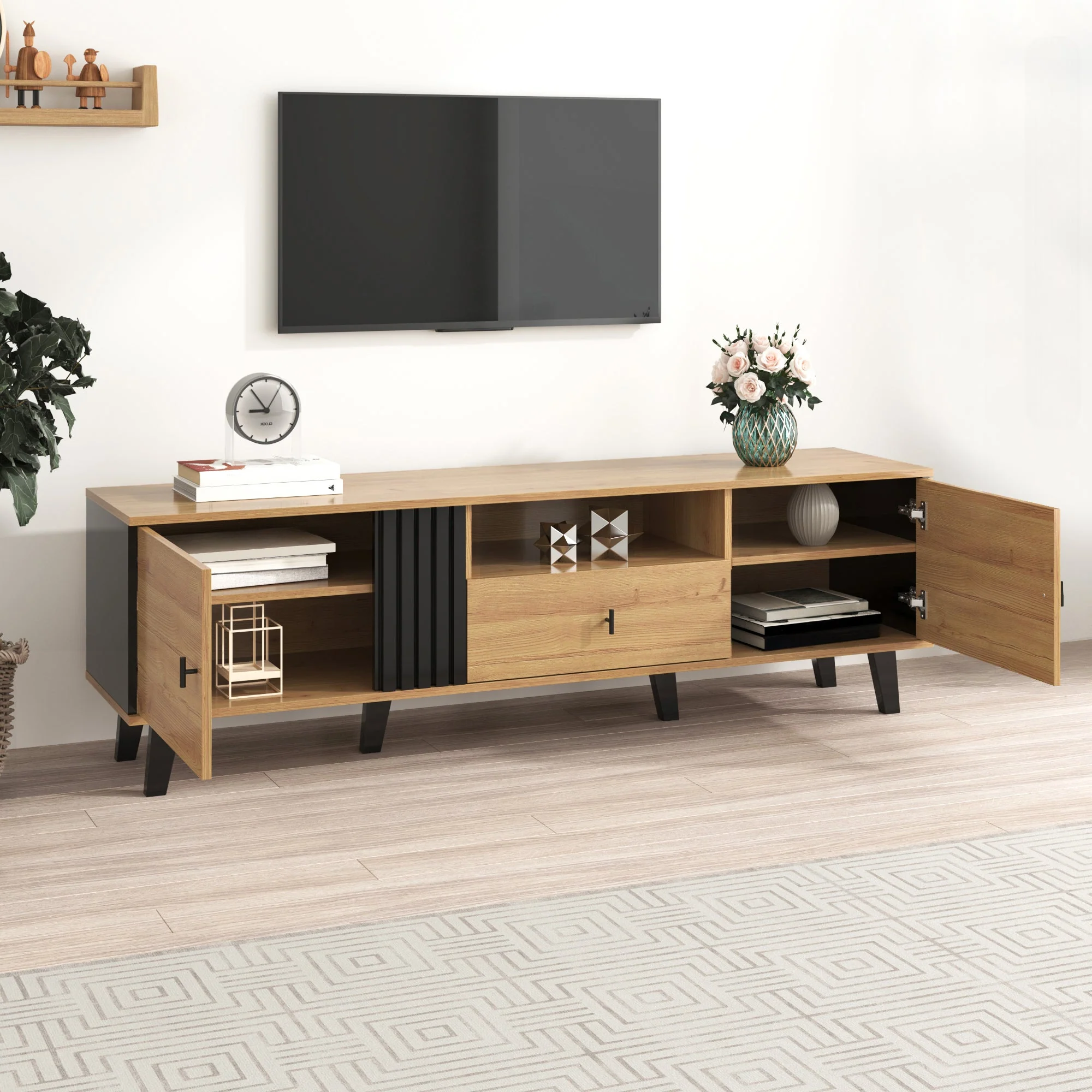 TV Cabinet, 170cm Lowboard with Drawers, Wood and Black - Image 4