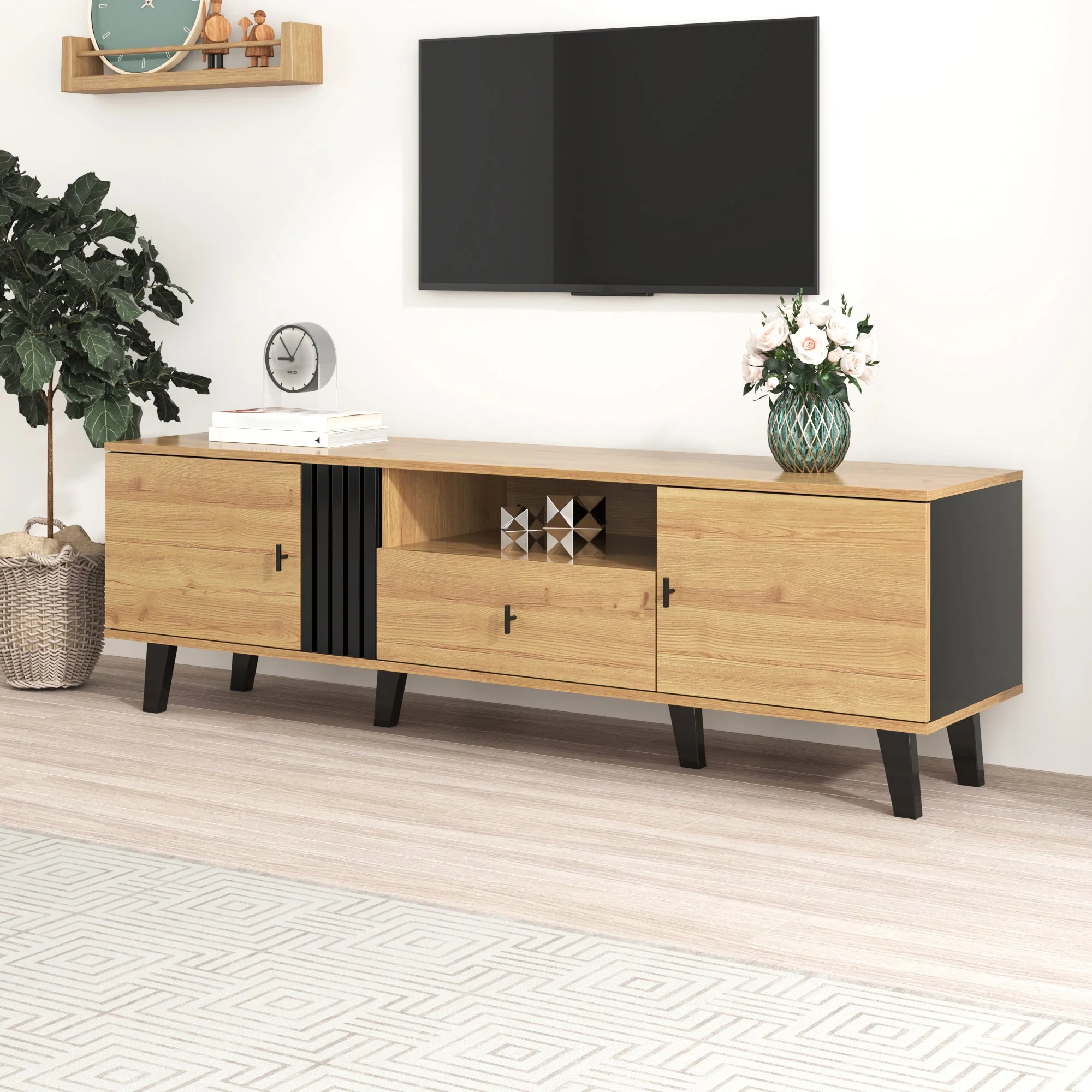 TV Cabinet, 170cm Lowboard with Drawers, Wood and Black - Image 5