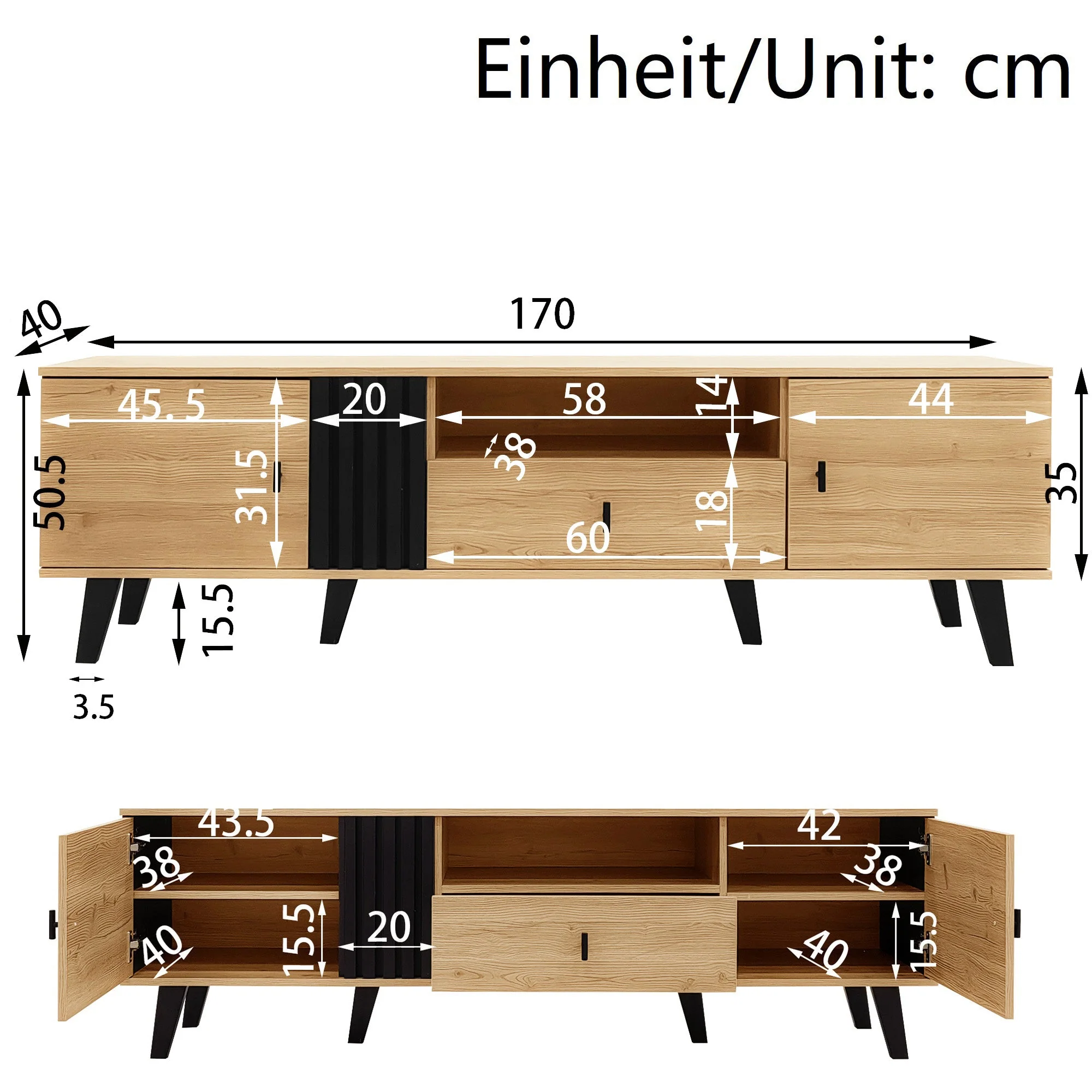 TV Cabinet, 170cm Lowboard with Drawers, Wood and Black - Image 6
