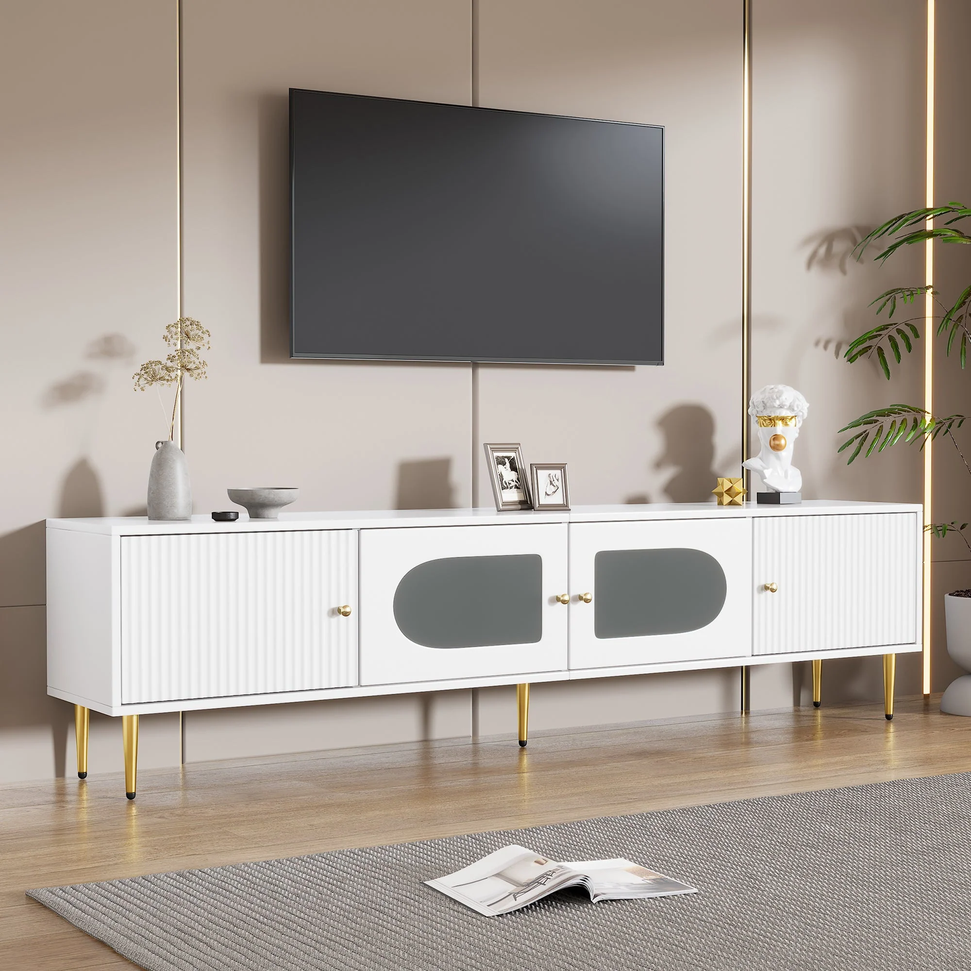 TV Cabinet 170x35x50cm, Golden Legs & Handles, Curved Glass, White - Image 6