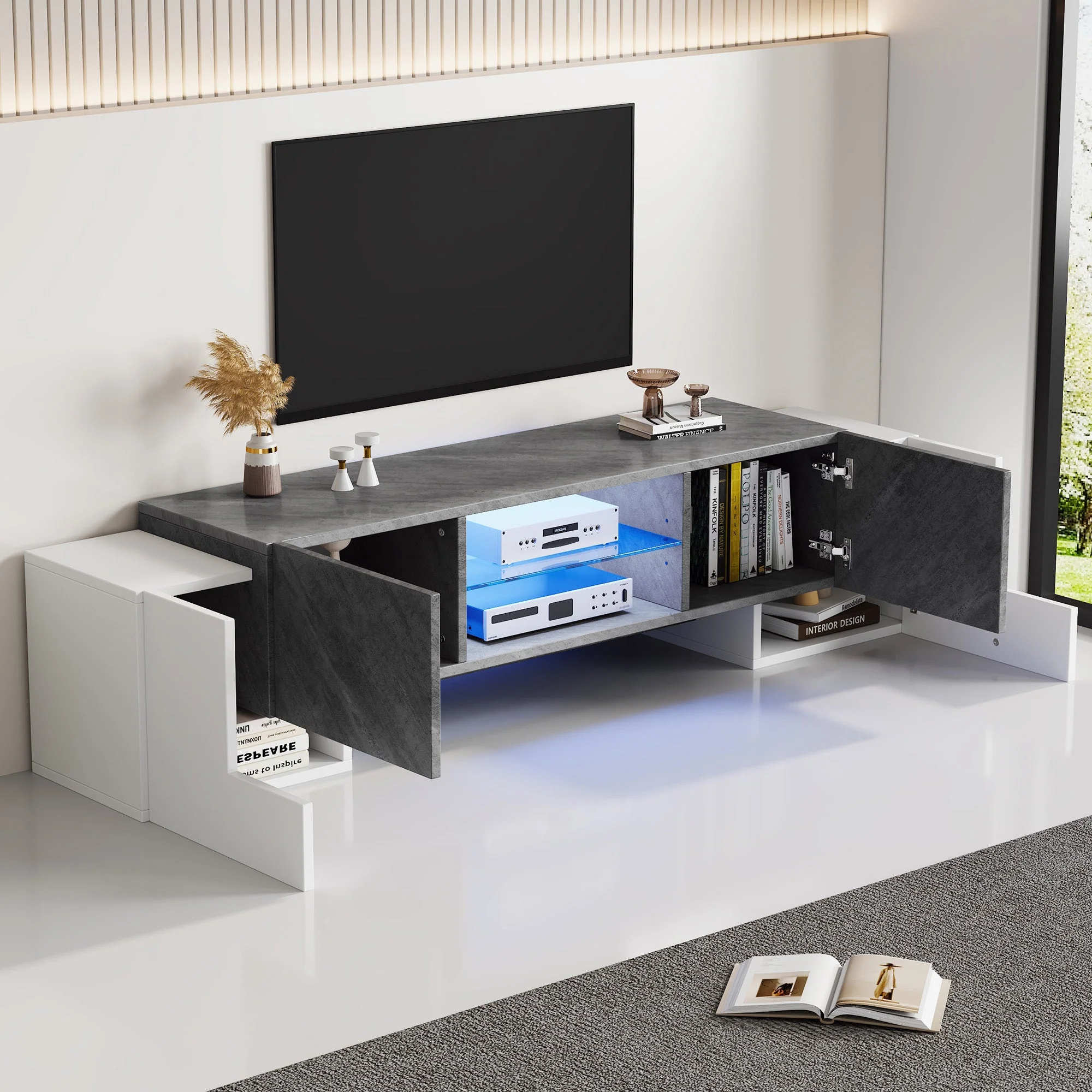 TV Cabinet 180*40*46.5cm, Lowboard with Bluetooth LED, White & Gray - Image 3