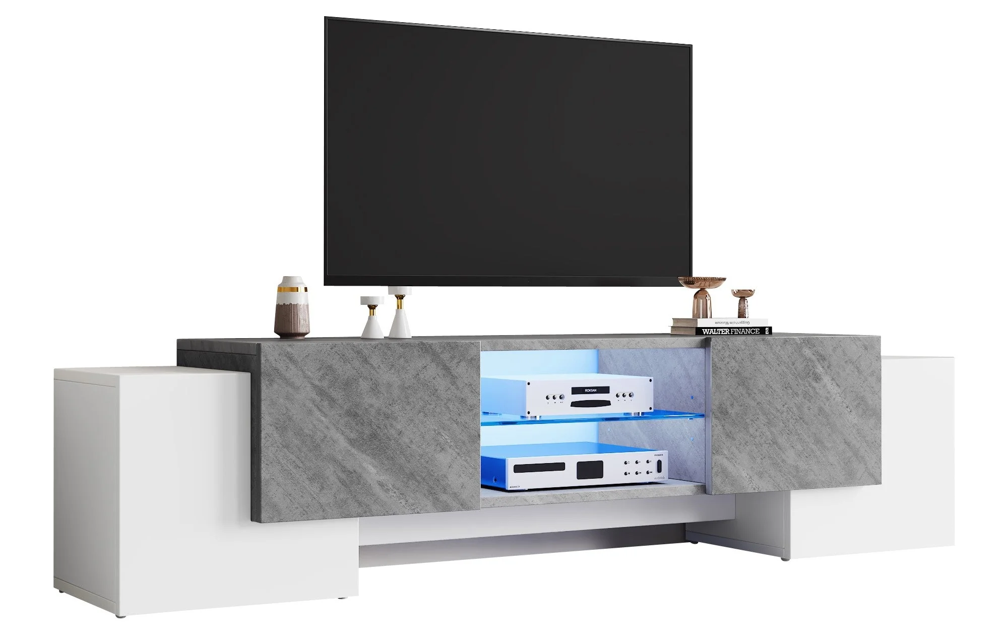 TV Cabinet 180*40*46.5cm, Lowboard with Bluetooth LED, White & Gray - Image 8