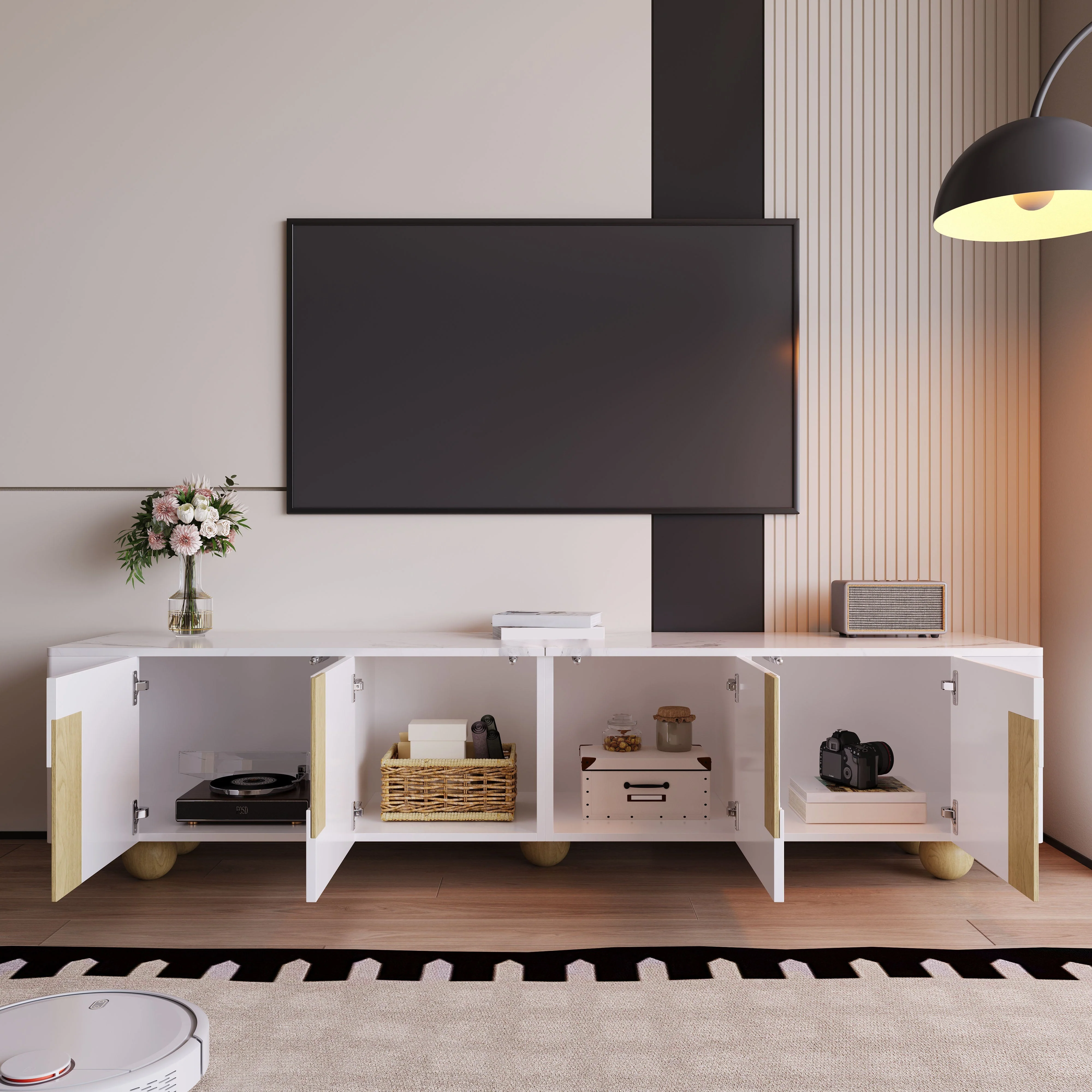 TV Cabinet 180cm 4 Doors Marble-Effect Spherical Feet, White - Image 4
