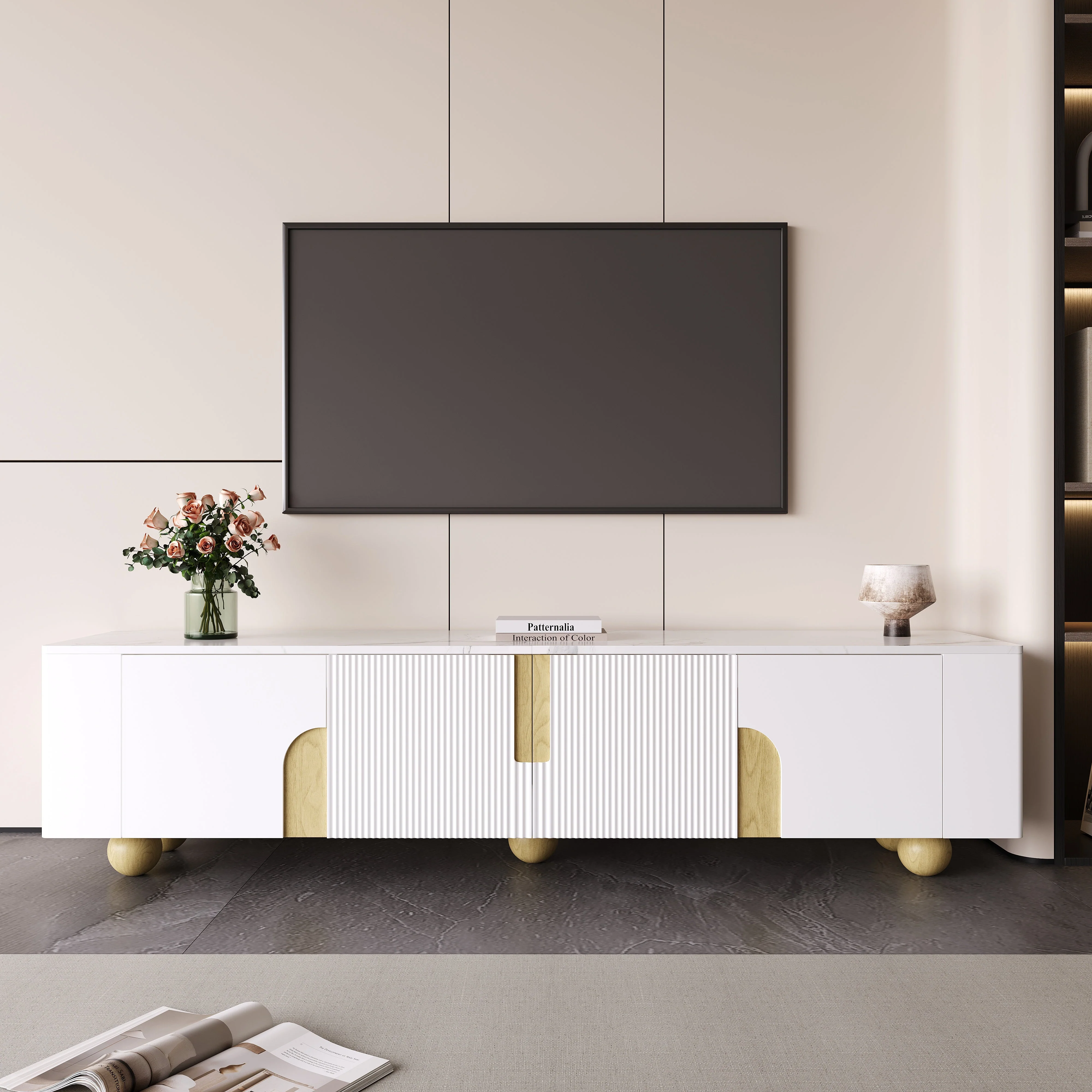 TV Cabinet 180cm 4 Doors Marble-Effect Spherical Feet, White - Image 6